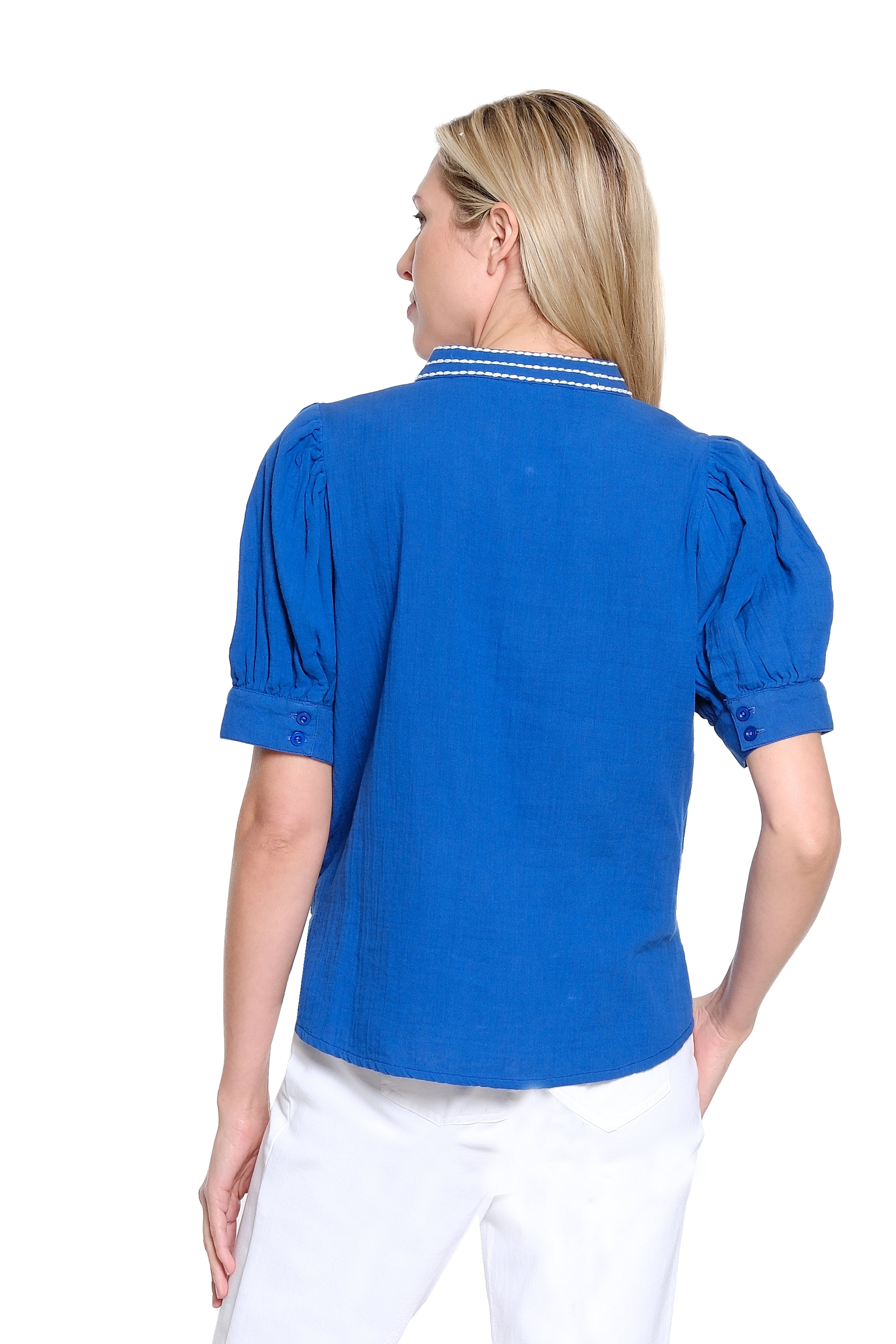 Stand Collar Split Neck Embroidered Top - Rich Blue