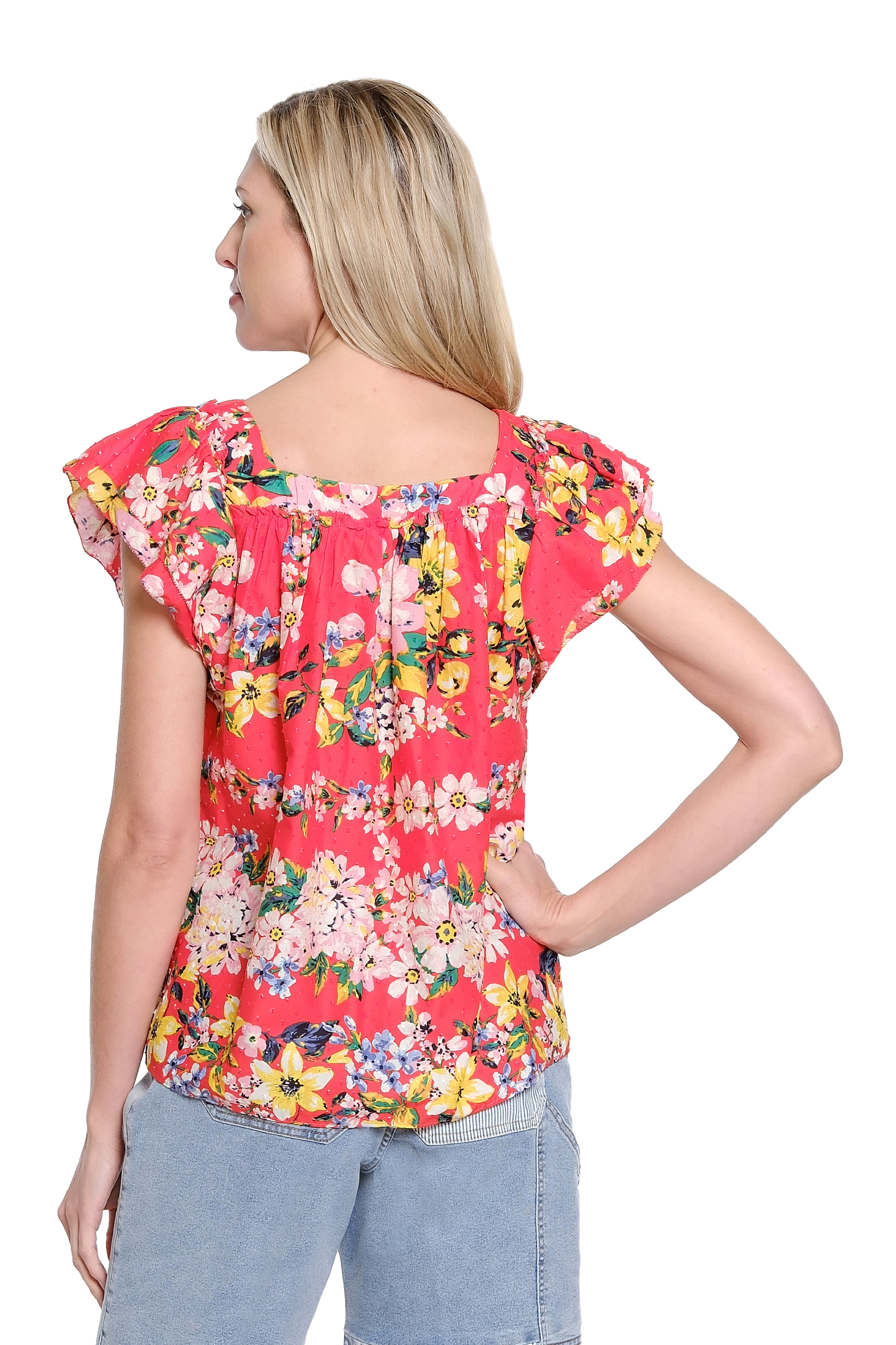 Printed Square Neck Peasant Top - Red