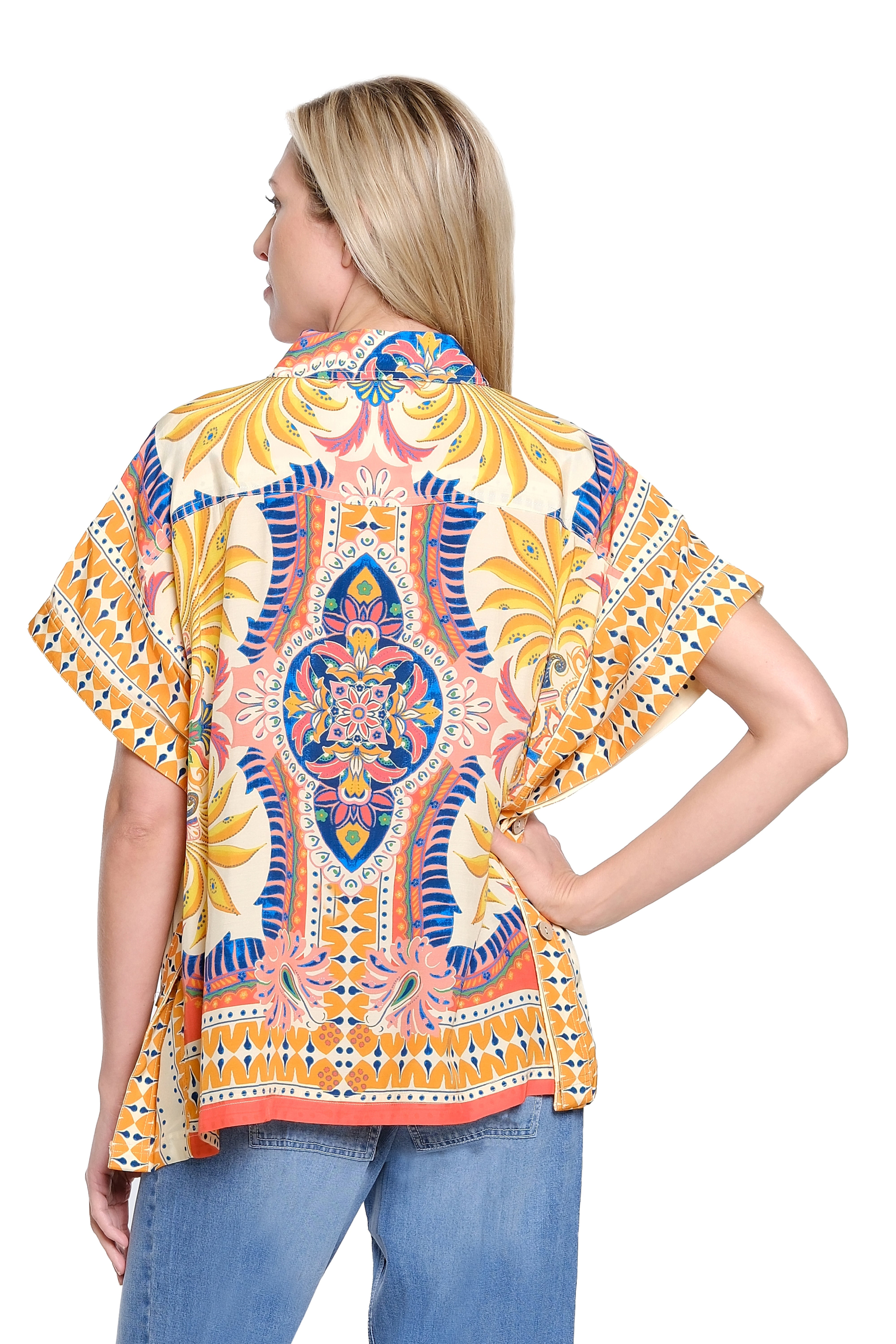 Scarf-Print Button-Front Poncho - Multi