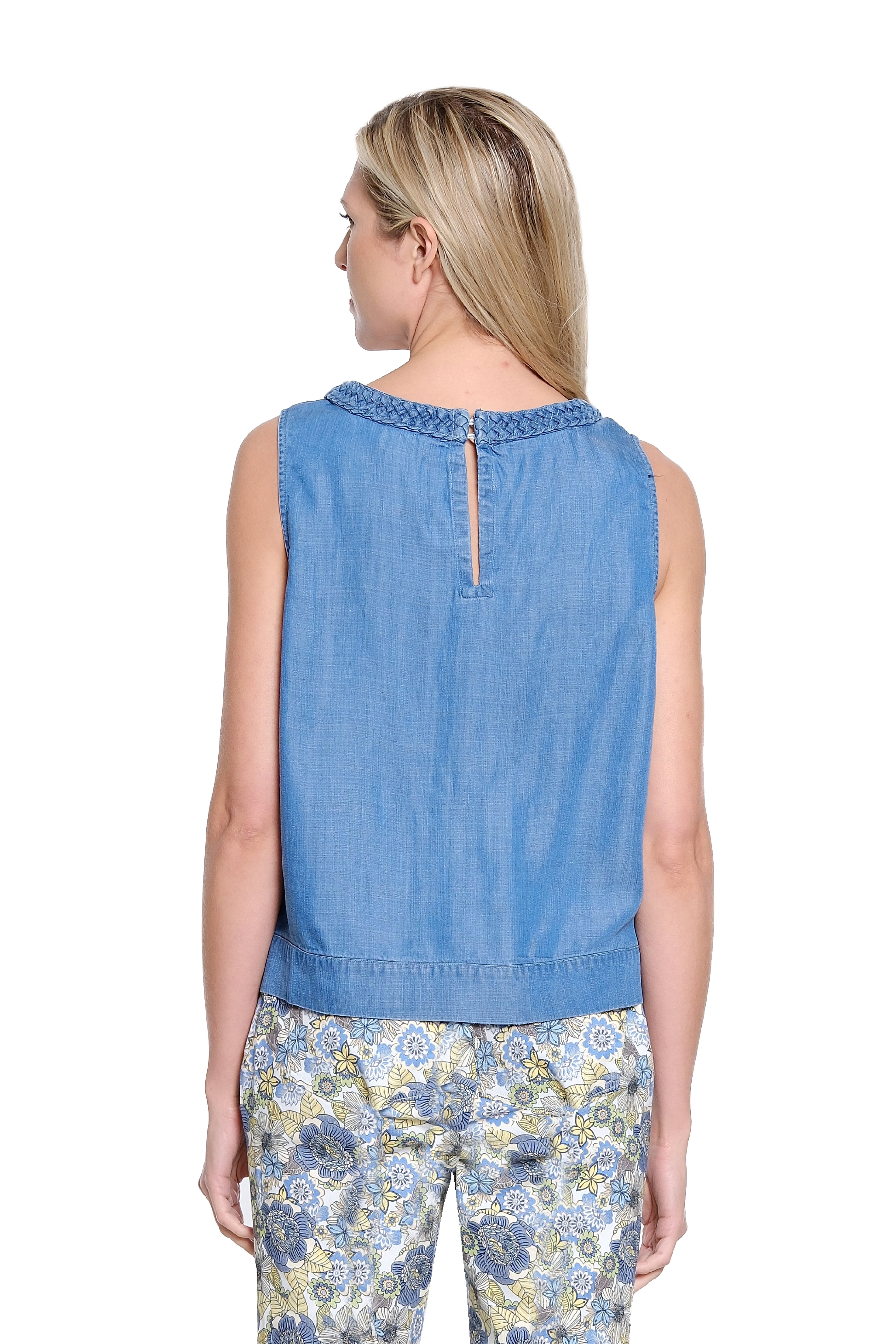 Denim Top with Braided Neck Trim - Medium Blue