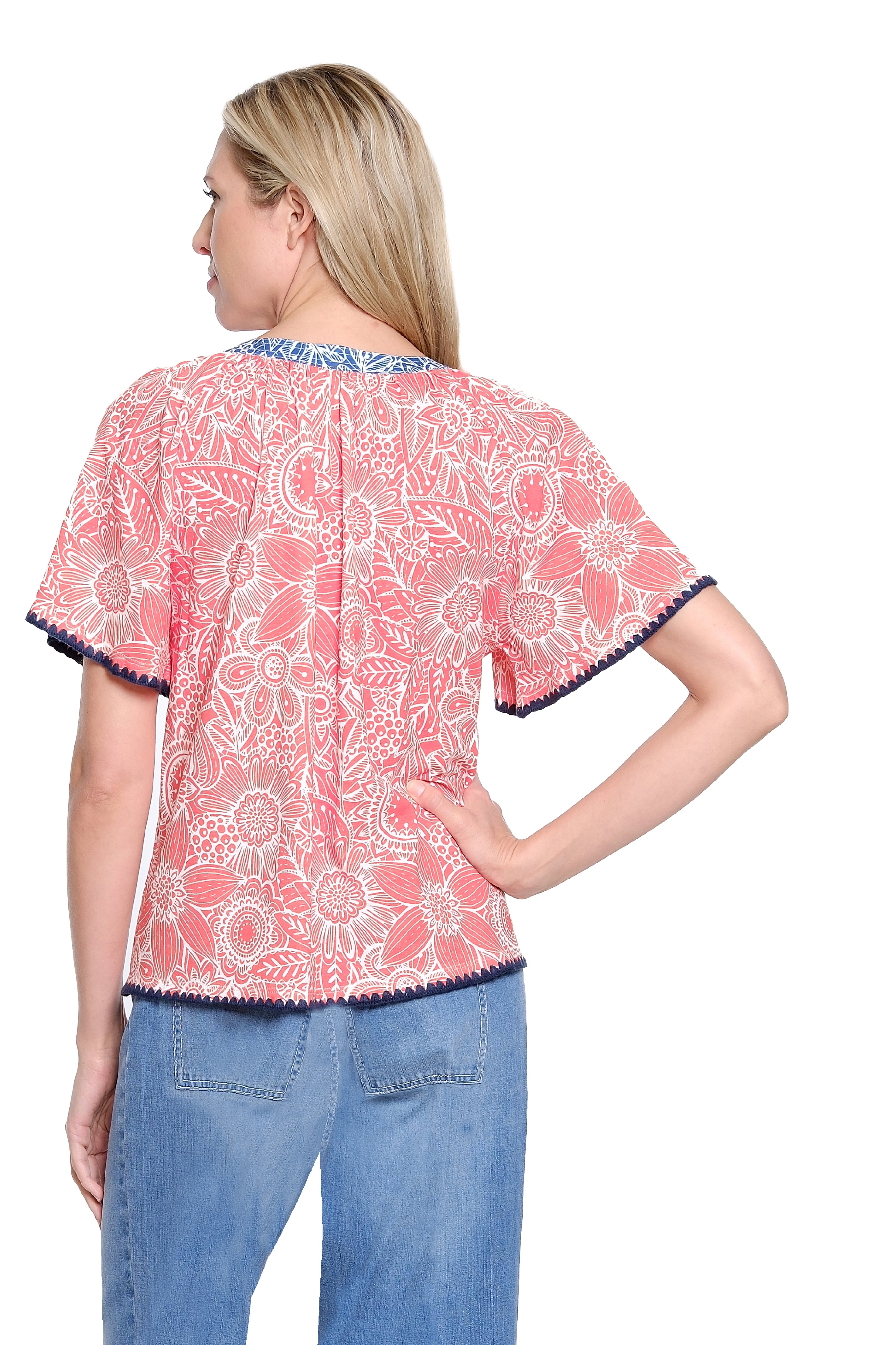 Printed Split Neck Knit Top with Woven Trim - Red