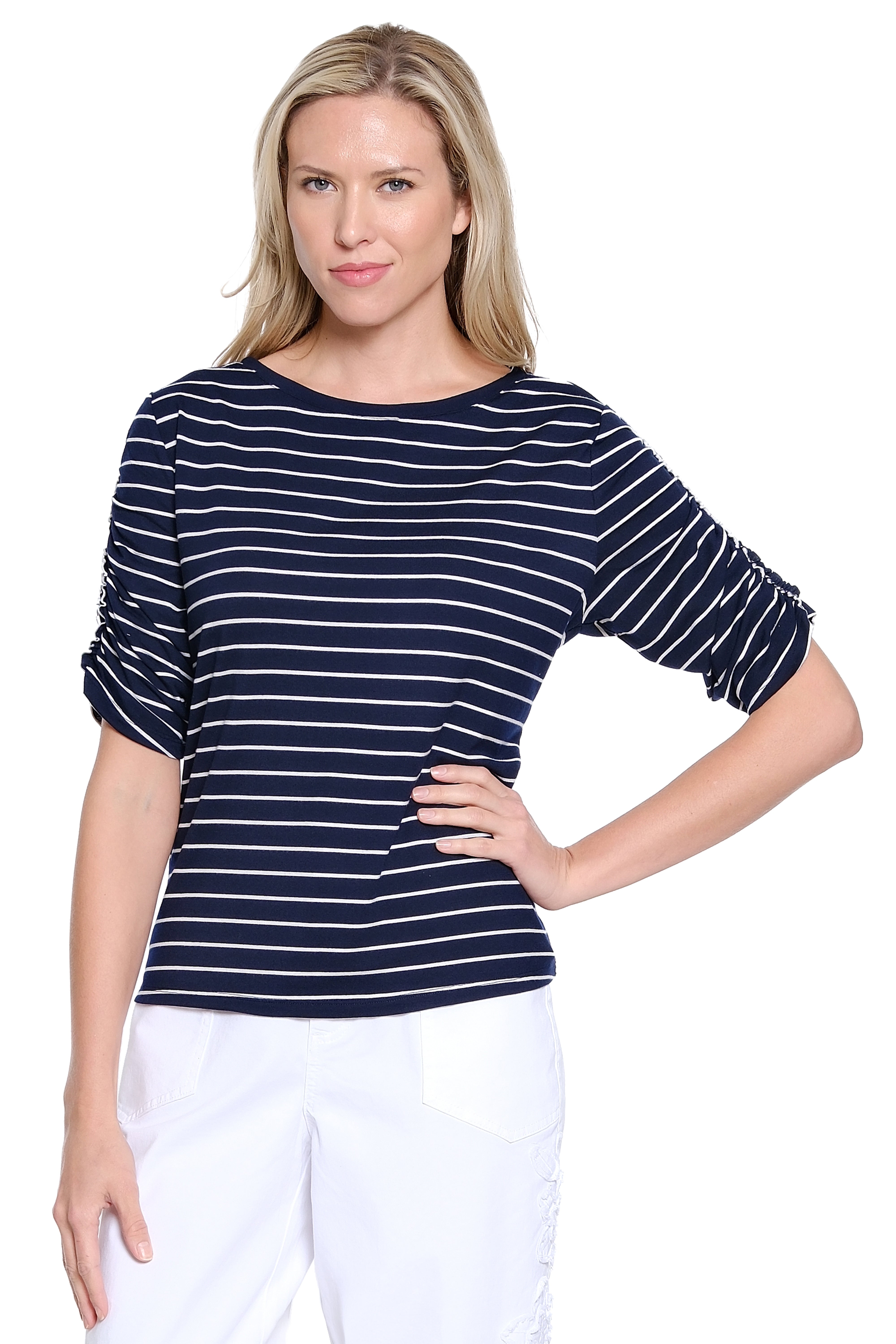 Stripe Knit Top with Ruched Sleeves - Navy Stripe