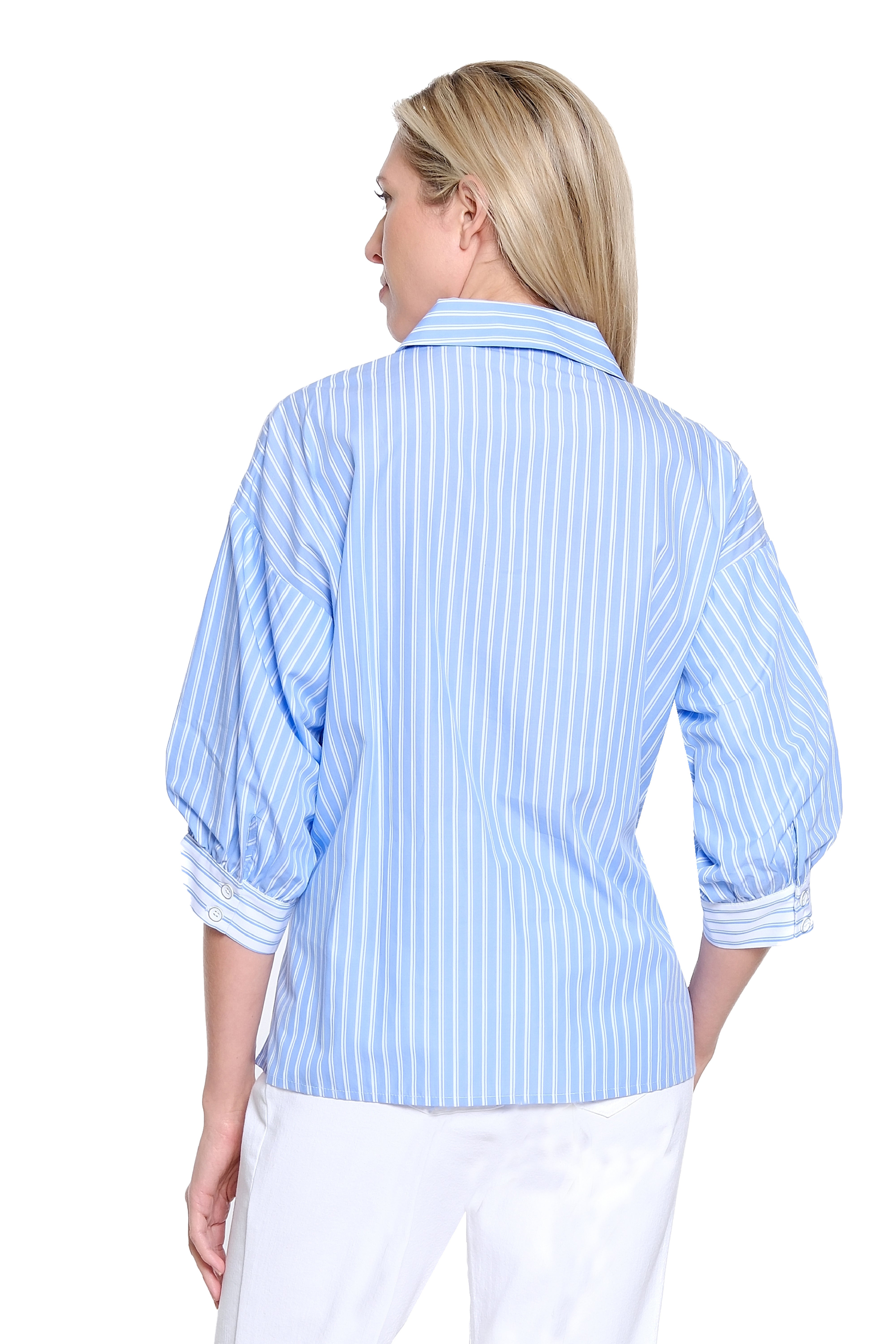 Mixed Stripe Button Up Balloon Sleeve Shirt - Blue Stripe