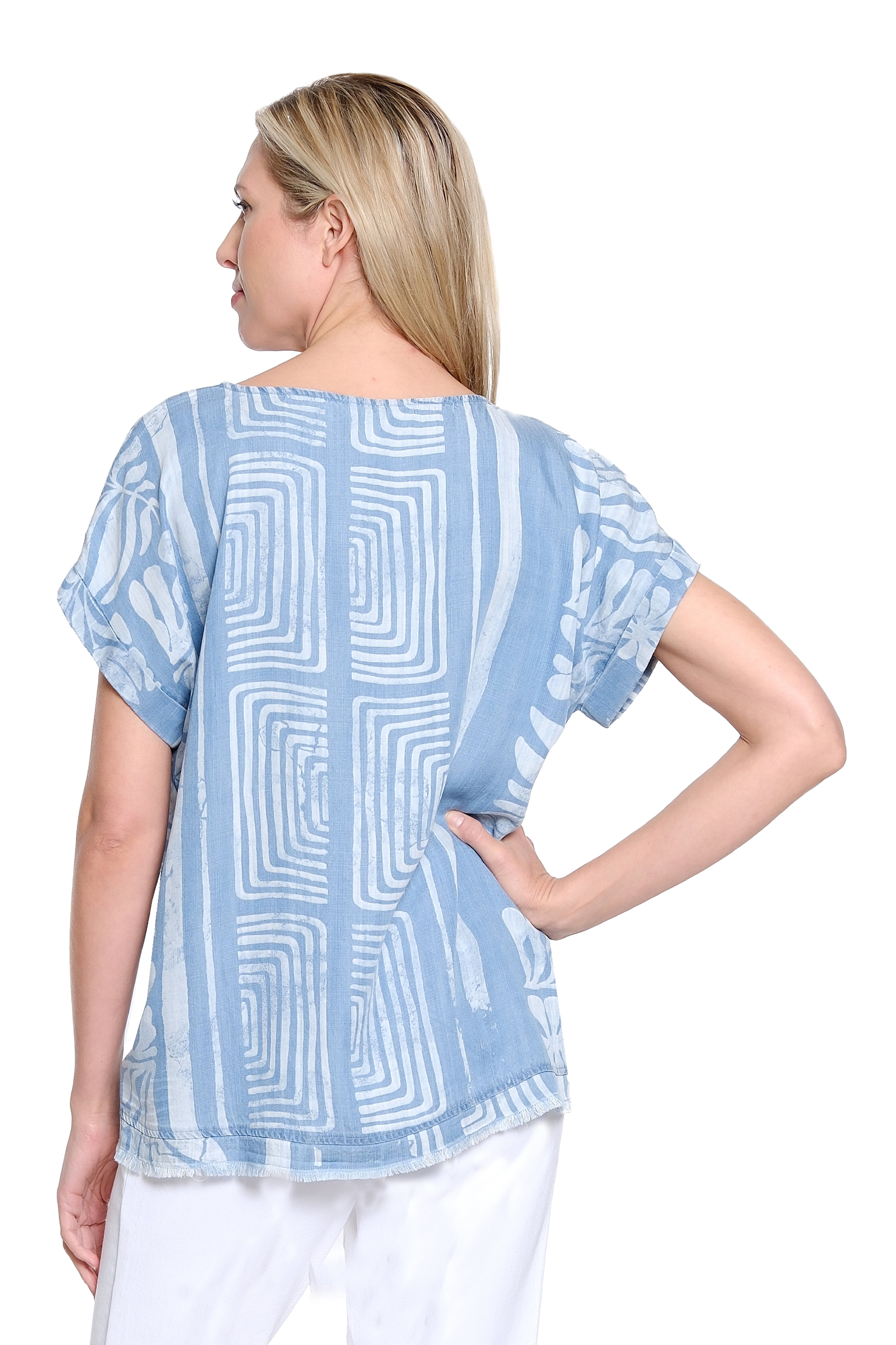 Dolman Sleeve Chambray Laser Print Top - Light Blue