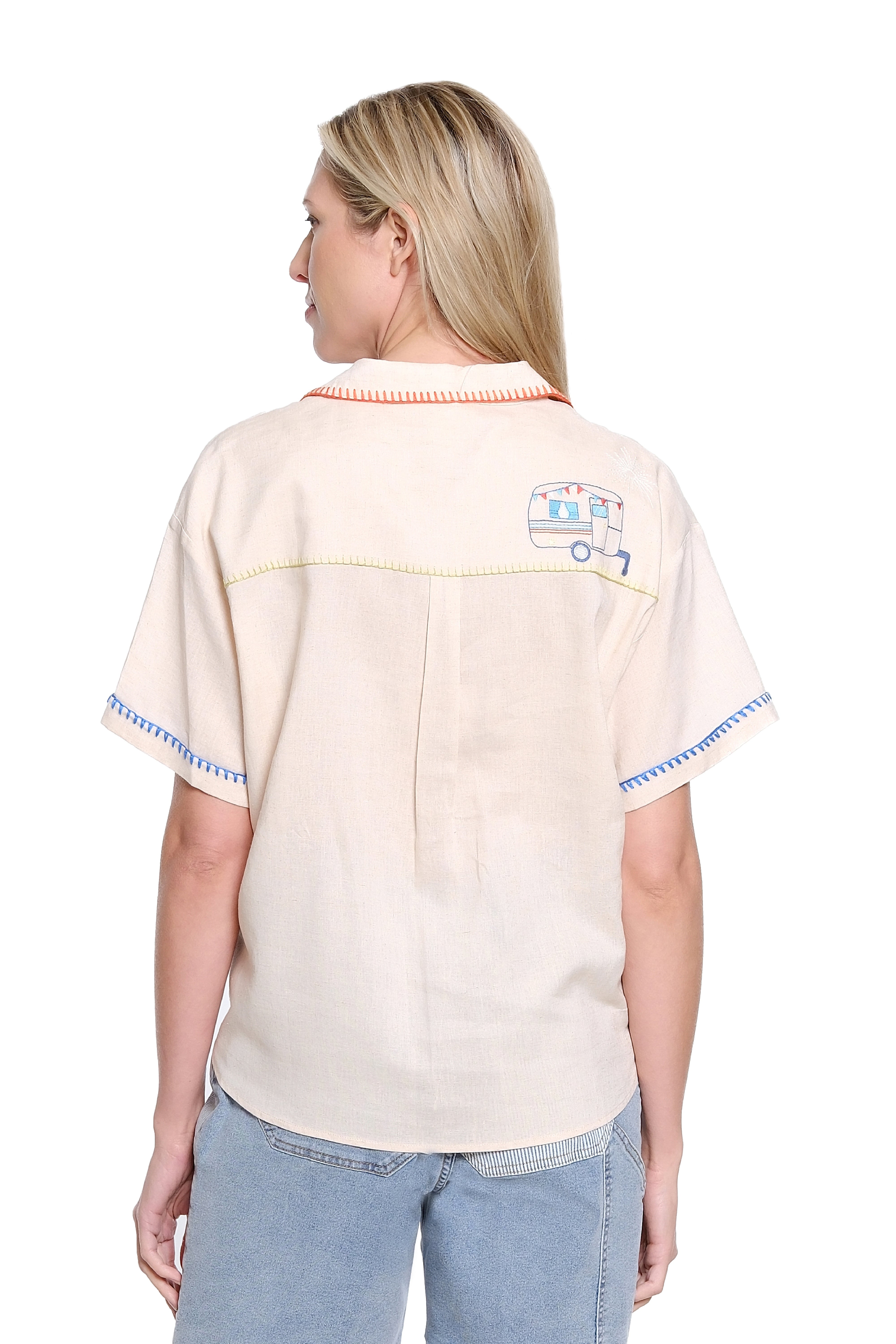 Collared Button Front Shirt with Embroidery - Natural
