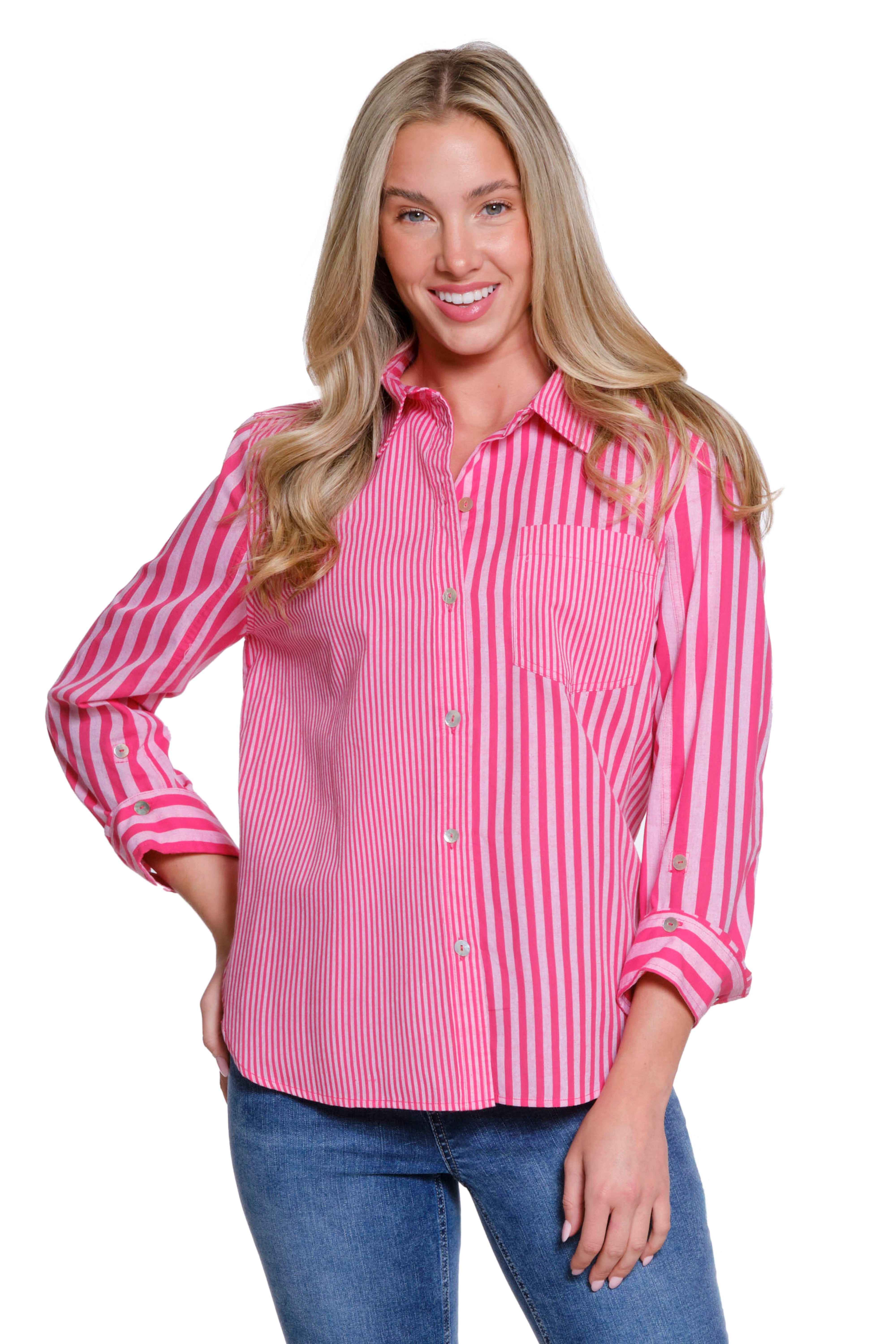 Mixed Stripe Button-Up Shirt - Pink Stripe