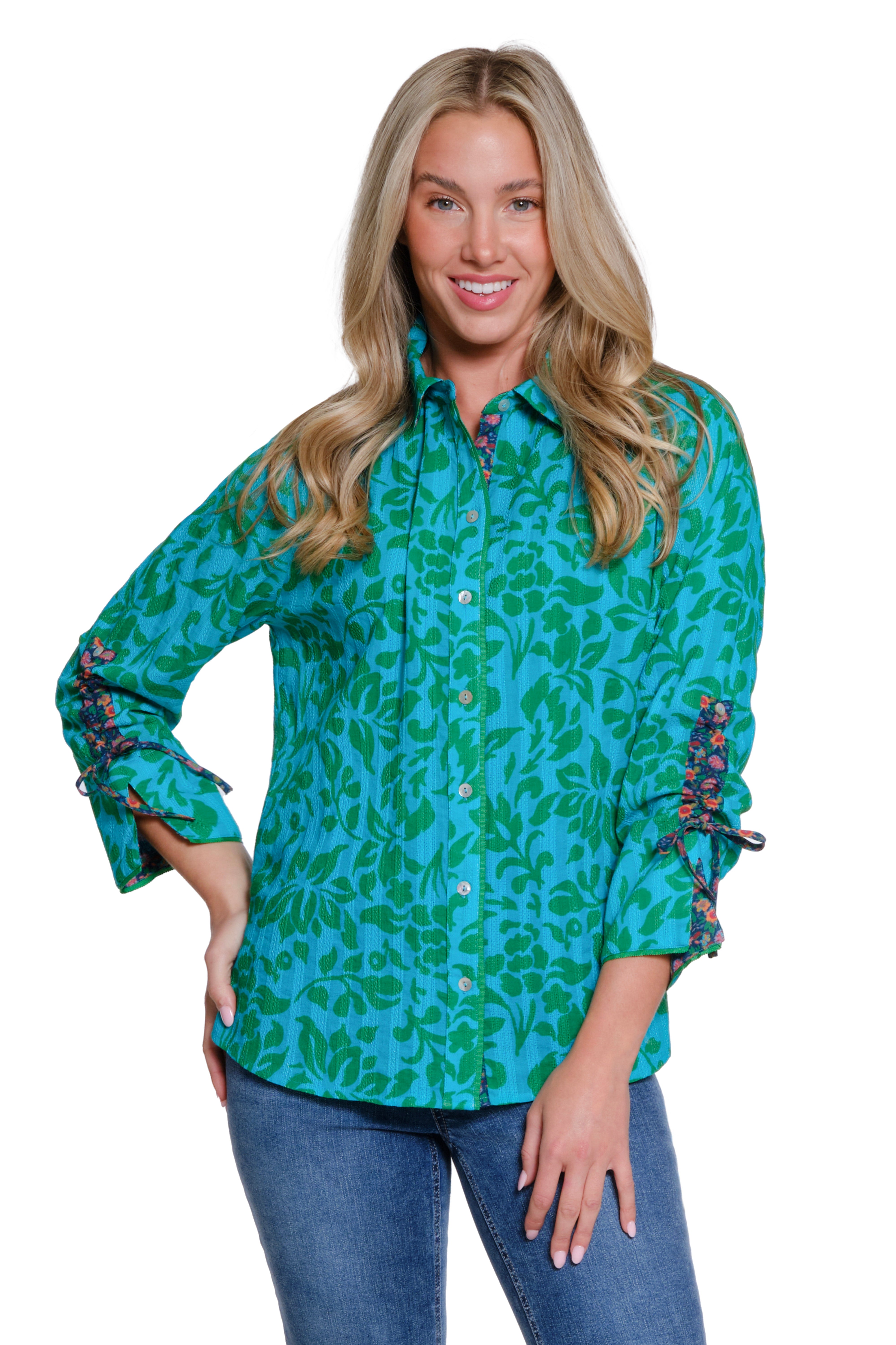 Printed Button-Front Shirt with Drawstring Sleeves - Multi