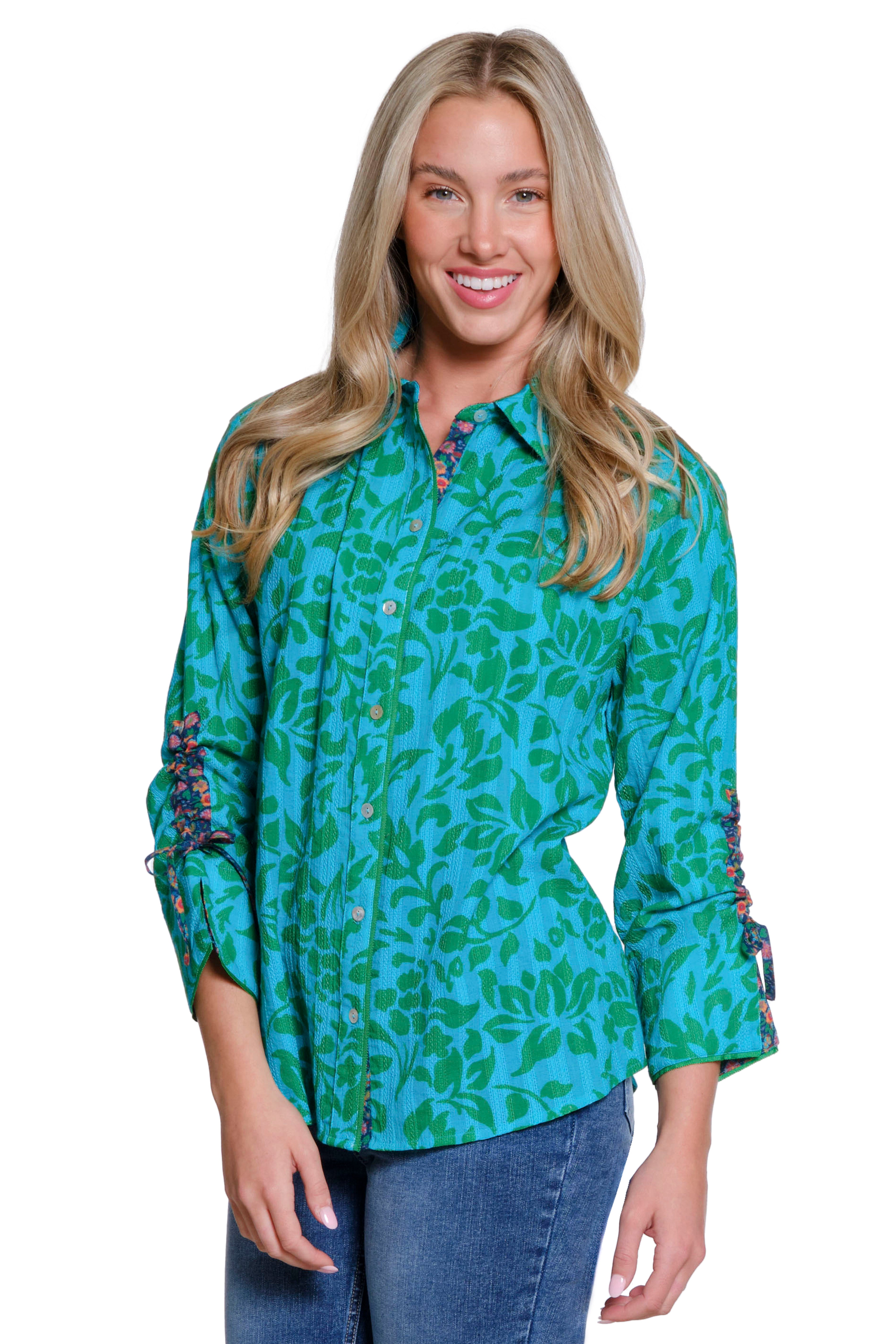Printed Button-Front Shirt with Drawstring Sleeves - Multi
