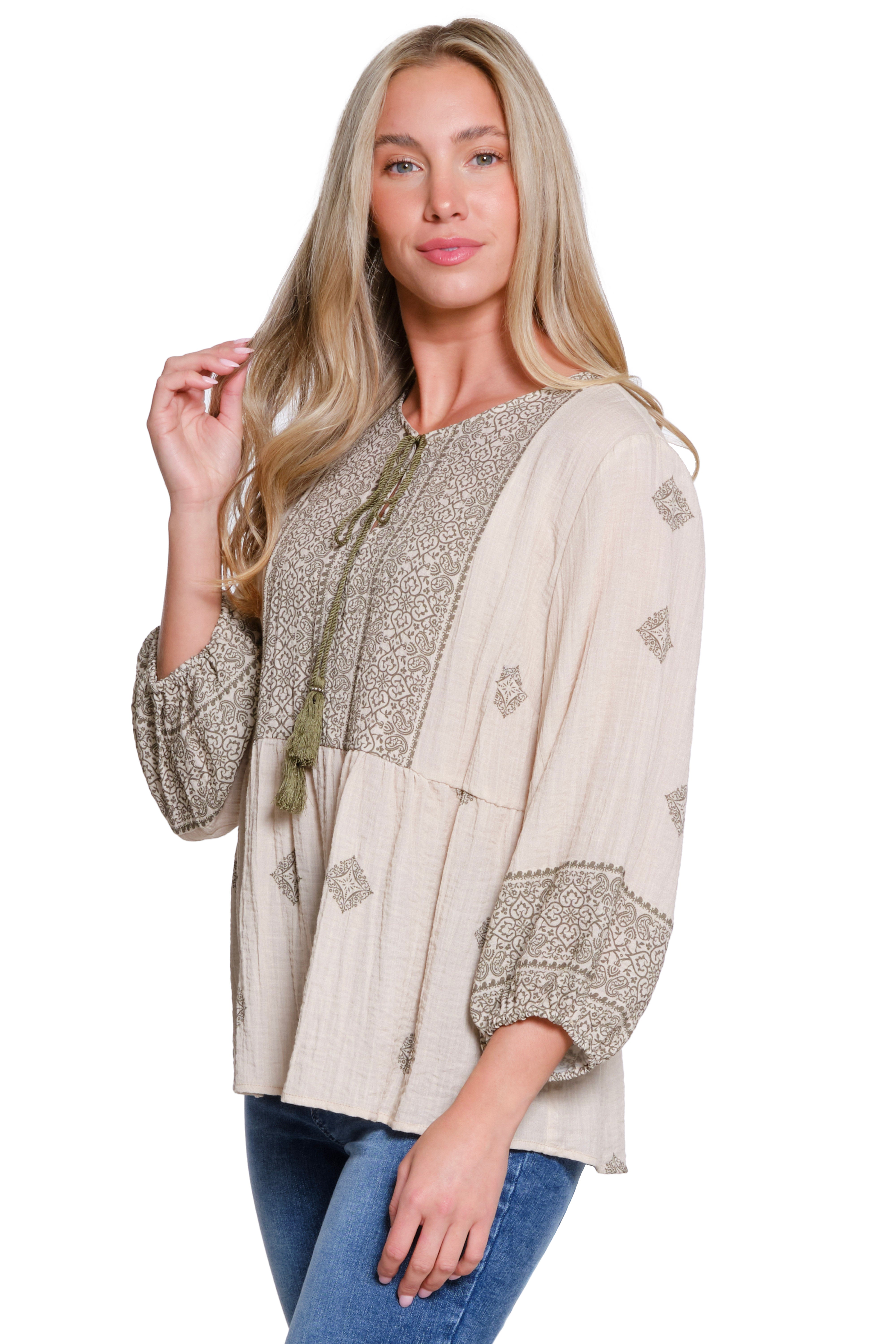 Tie Neck Peasant Top - Sage