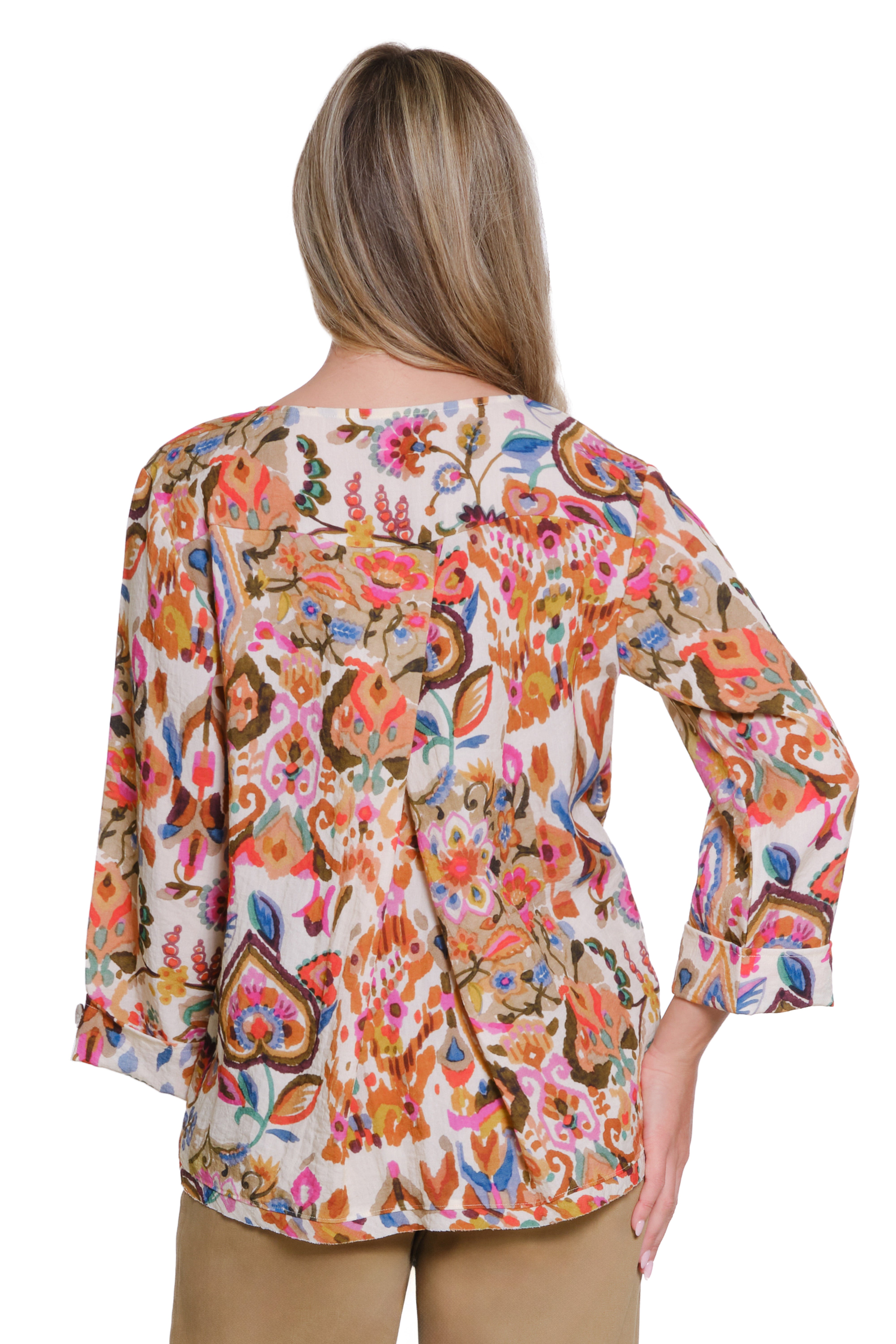 Printed Boat Neck Top with 3/4 Sleeves - Multi
