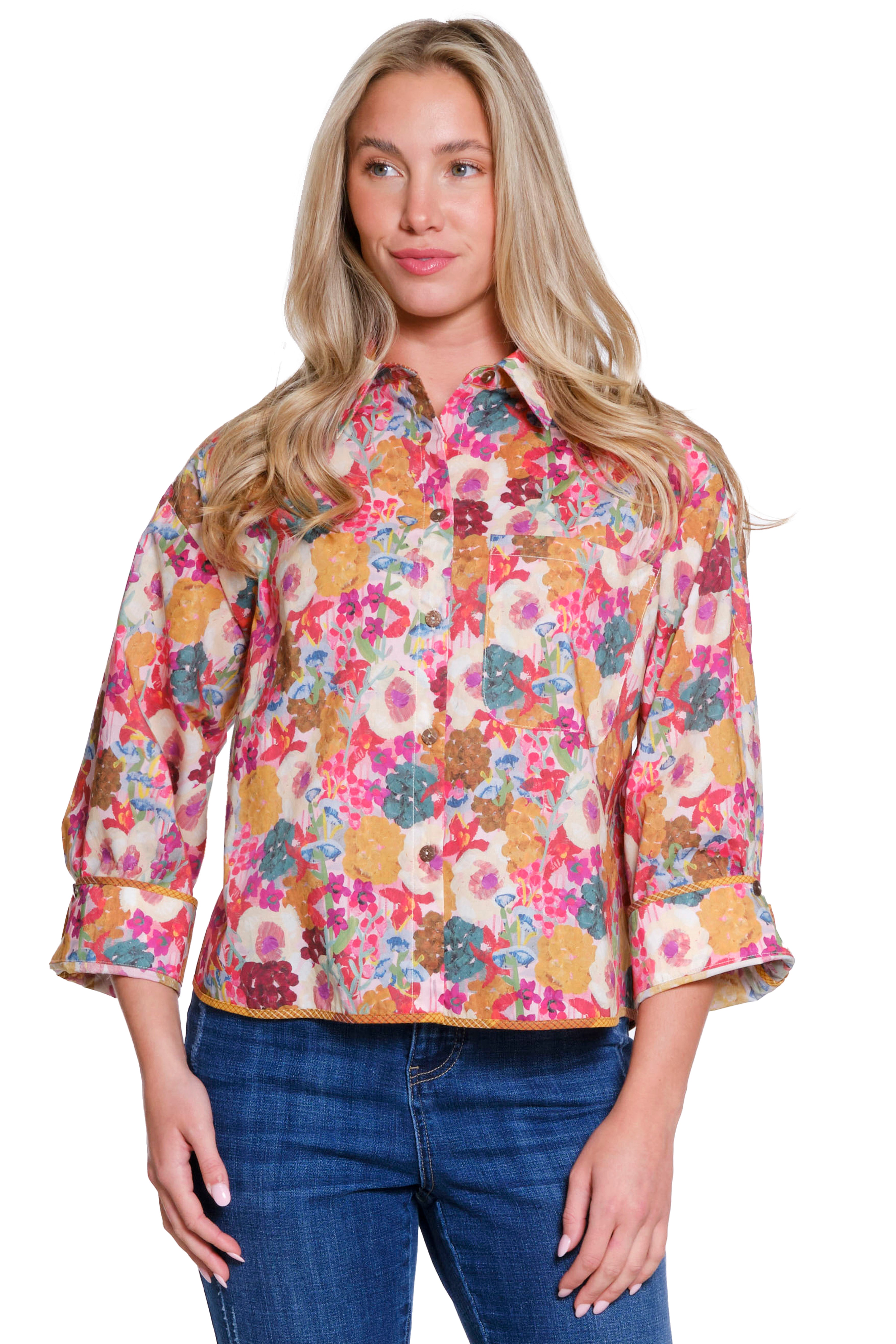Boxy Floral Print Button-Up Shirt - Multi