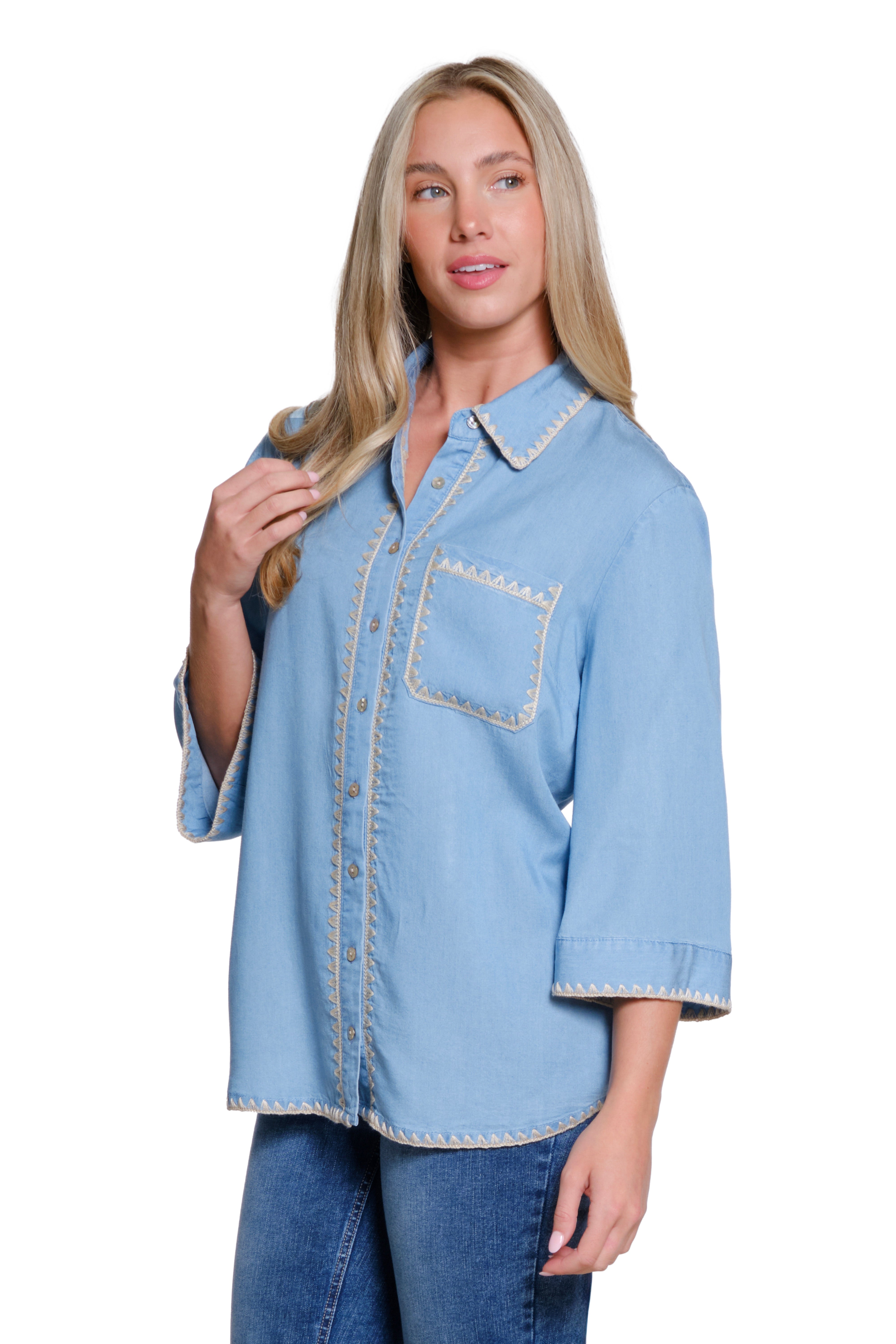 Button-Up Shirt with Crochet Trim - Chambray