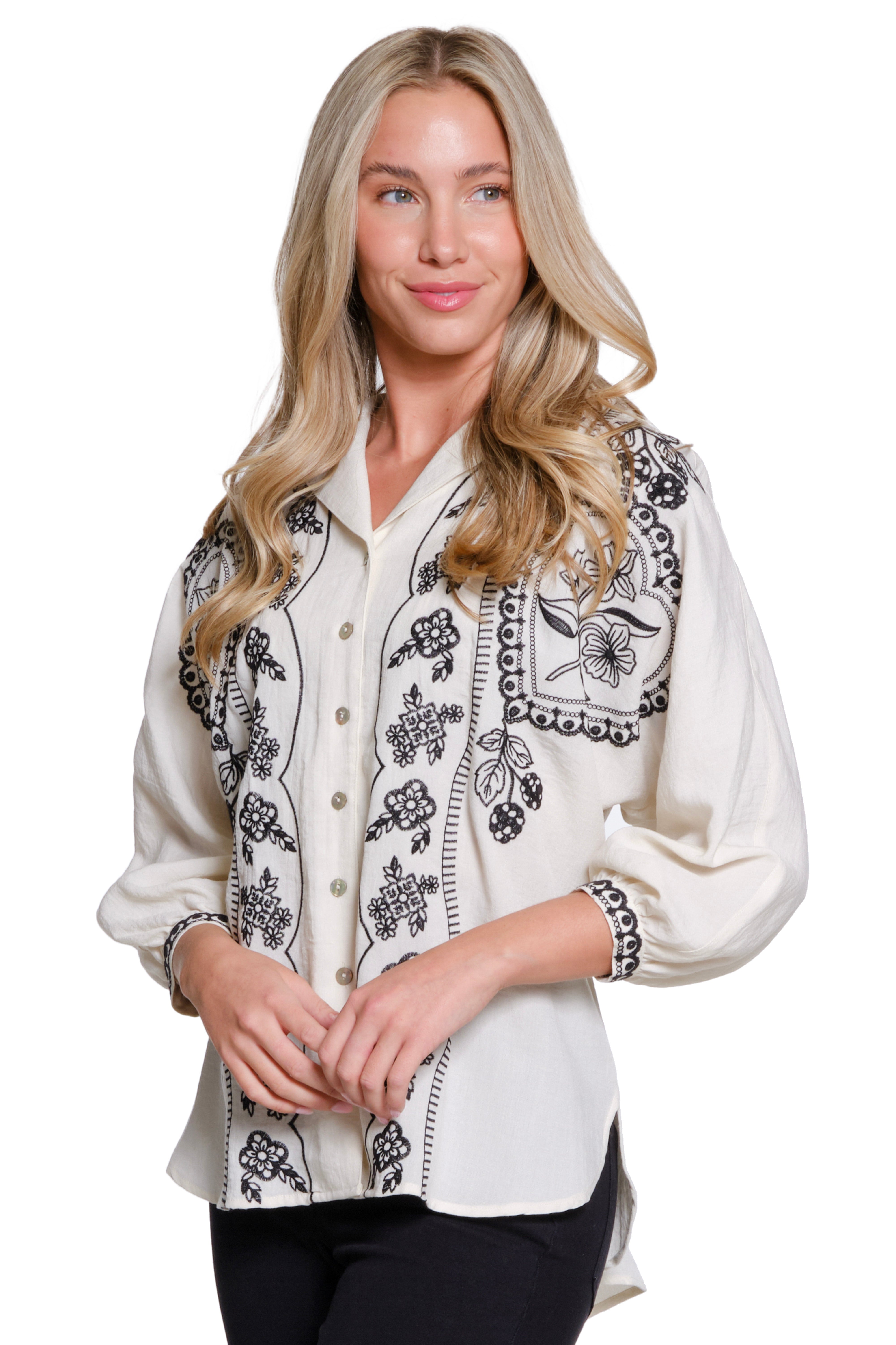 Embroidered Dolman Sleeve Button-Up Shirt - Ivory