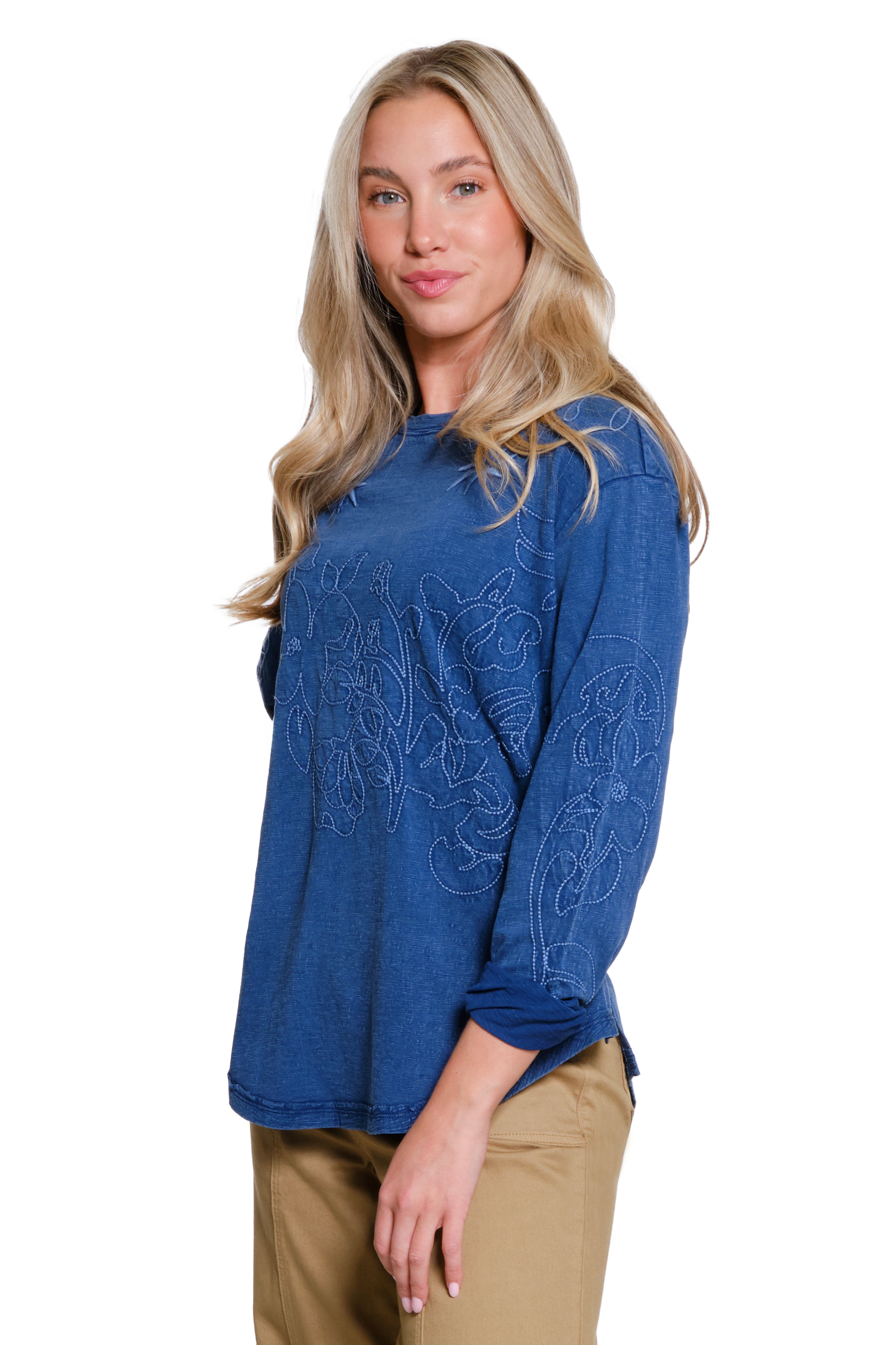 Embroidered Slub Jersey Knit Top - Blue