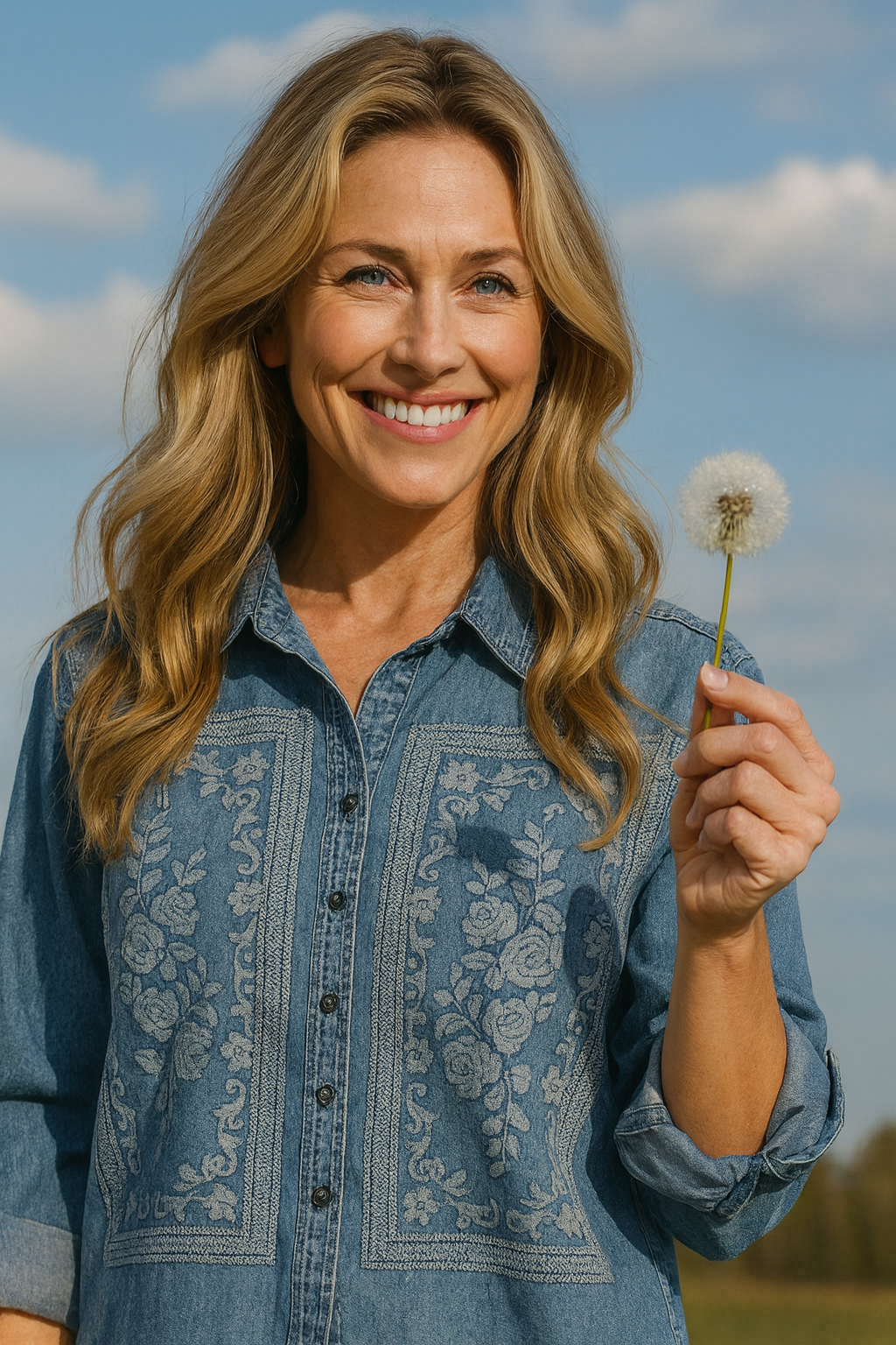 Cross Stitch Embroidered Shirt - Chambray