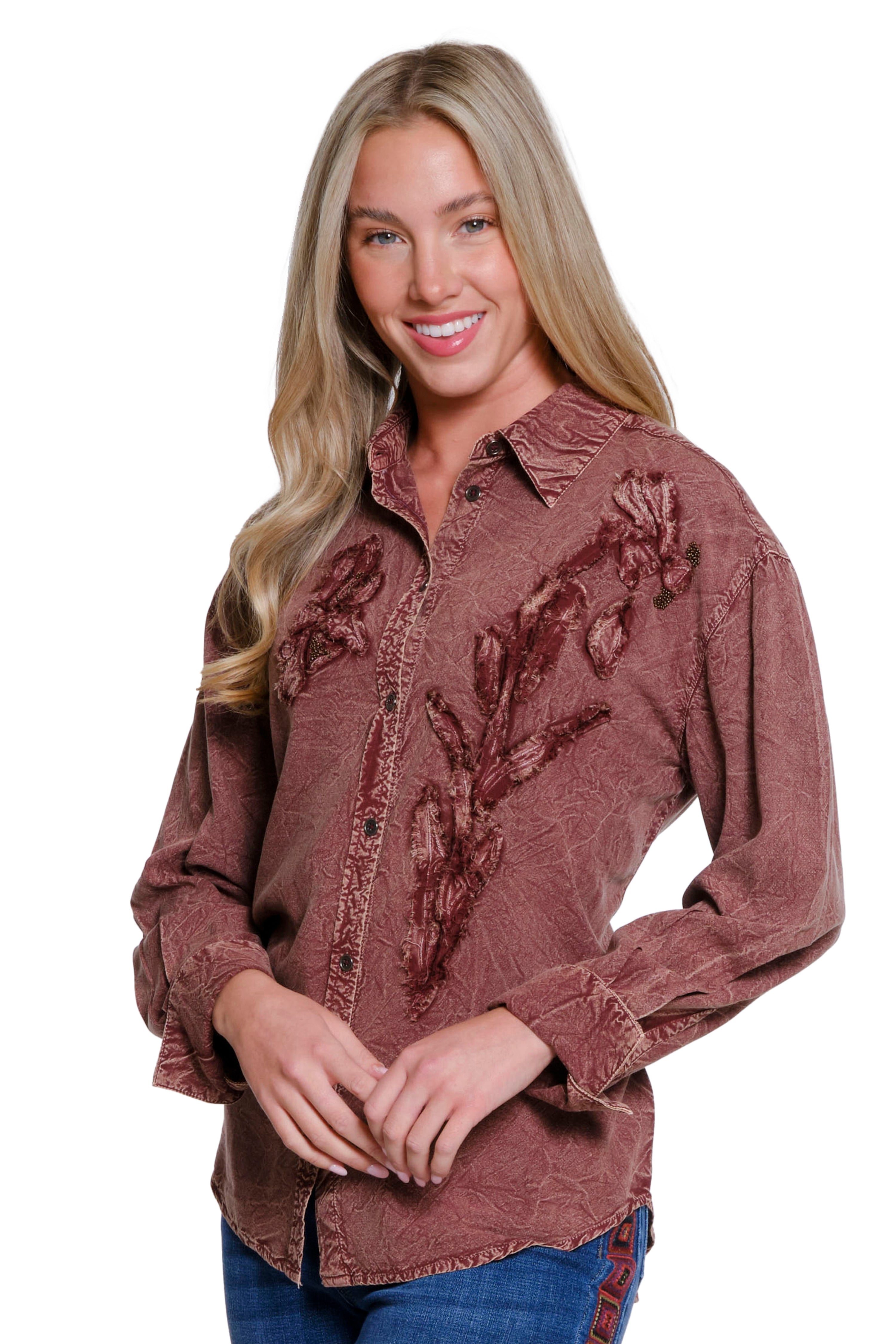 Appliqué Button-Up Shirt - Brick