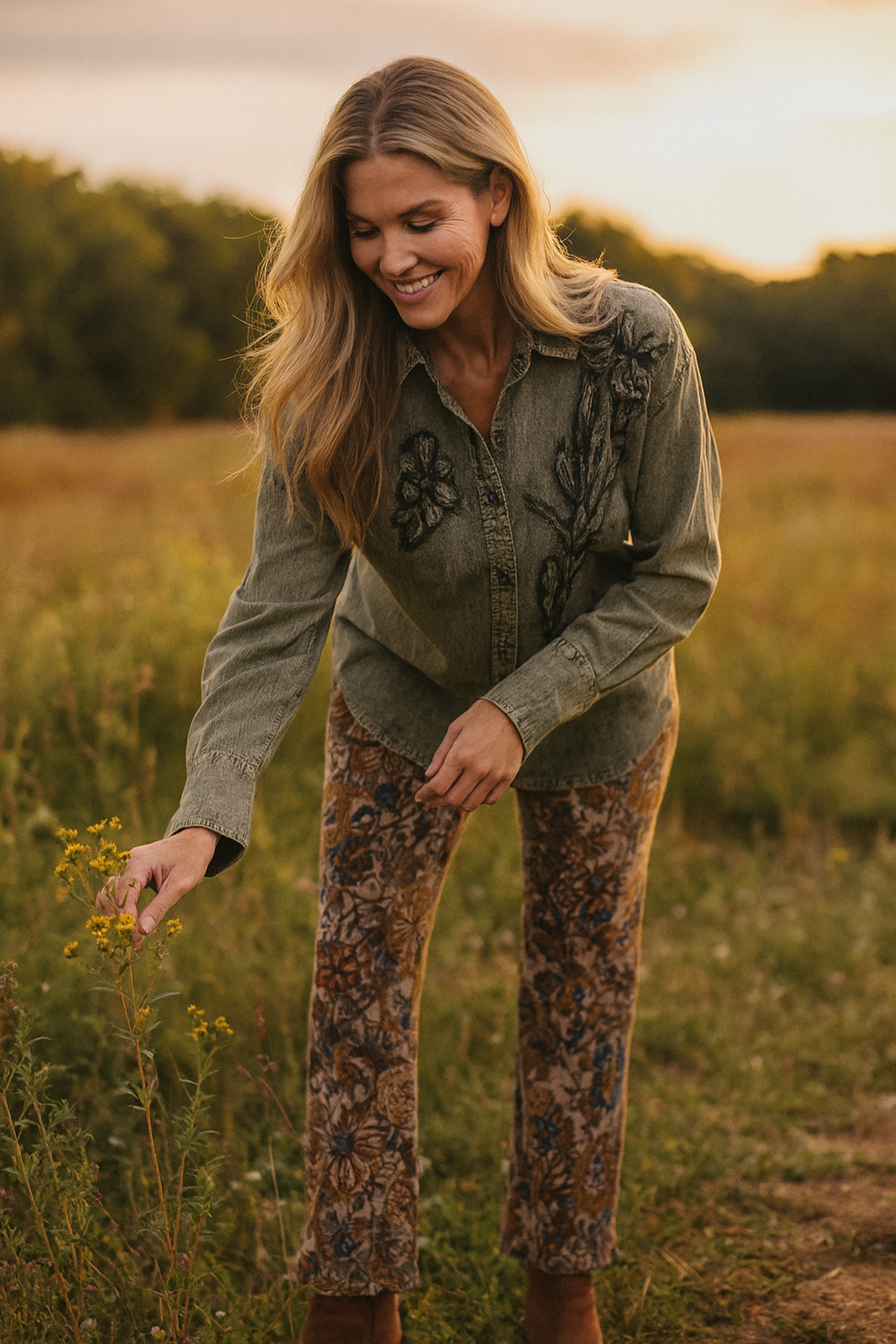 Appliqué Button-Up Shirt - Olive Green