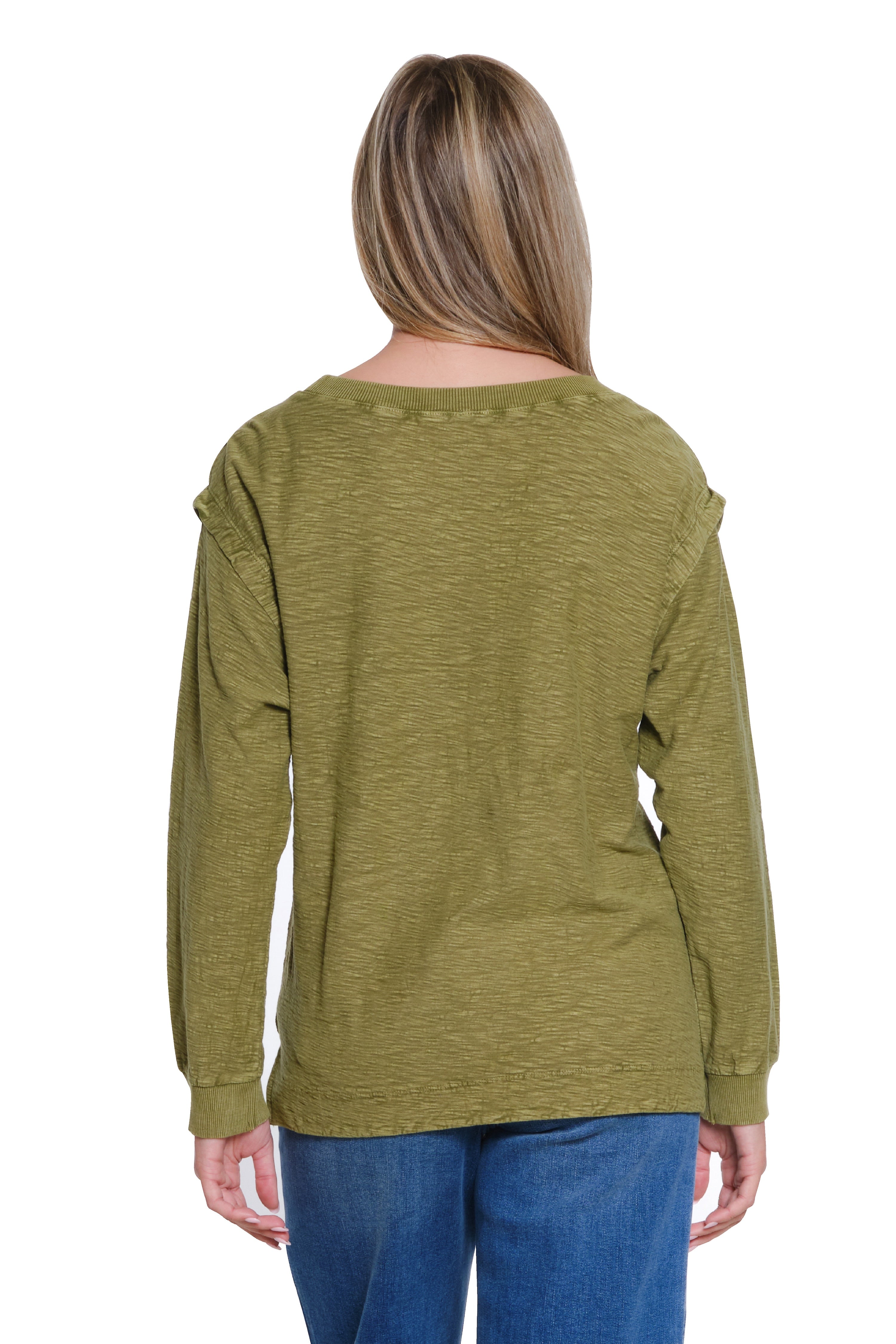 Floral Appliqué Slub Knit Top - Olive