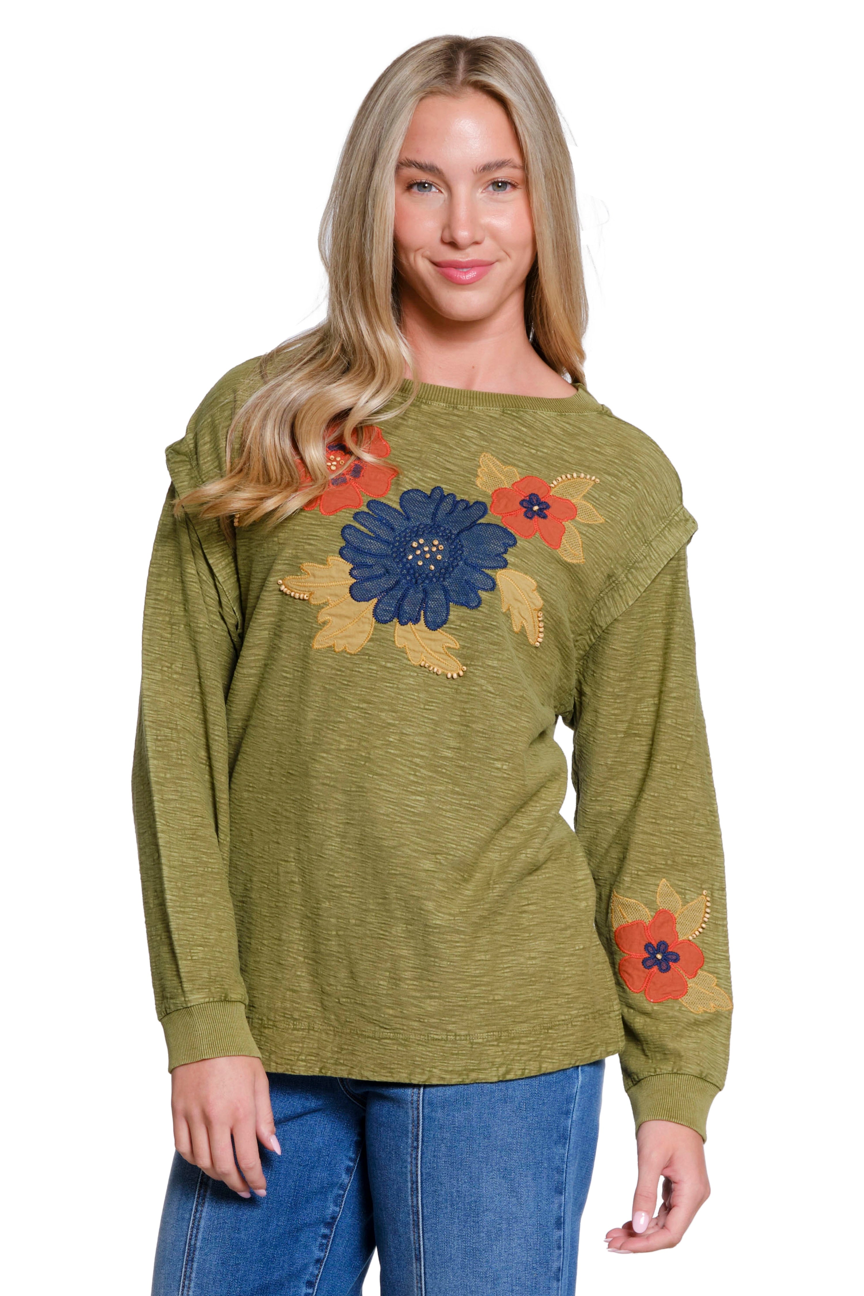 Floral Appliqué Slub Knit Top - Olive
