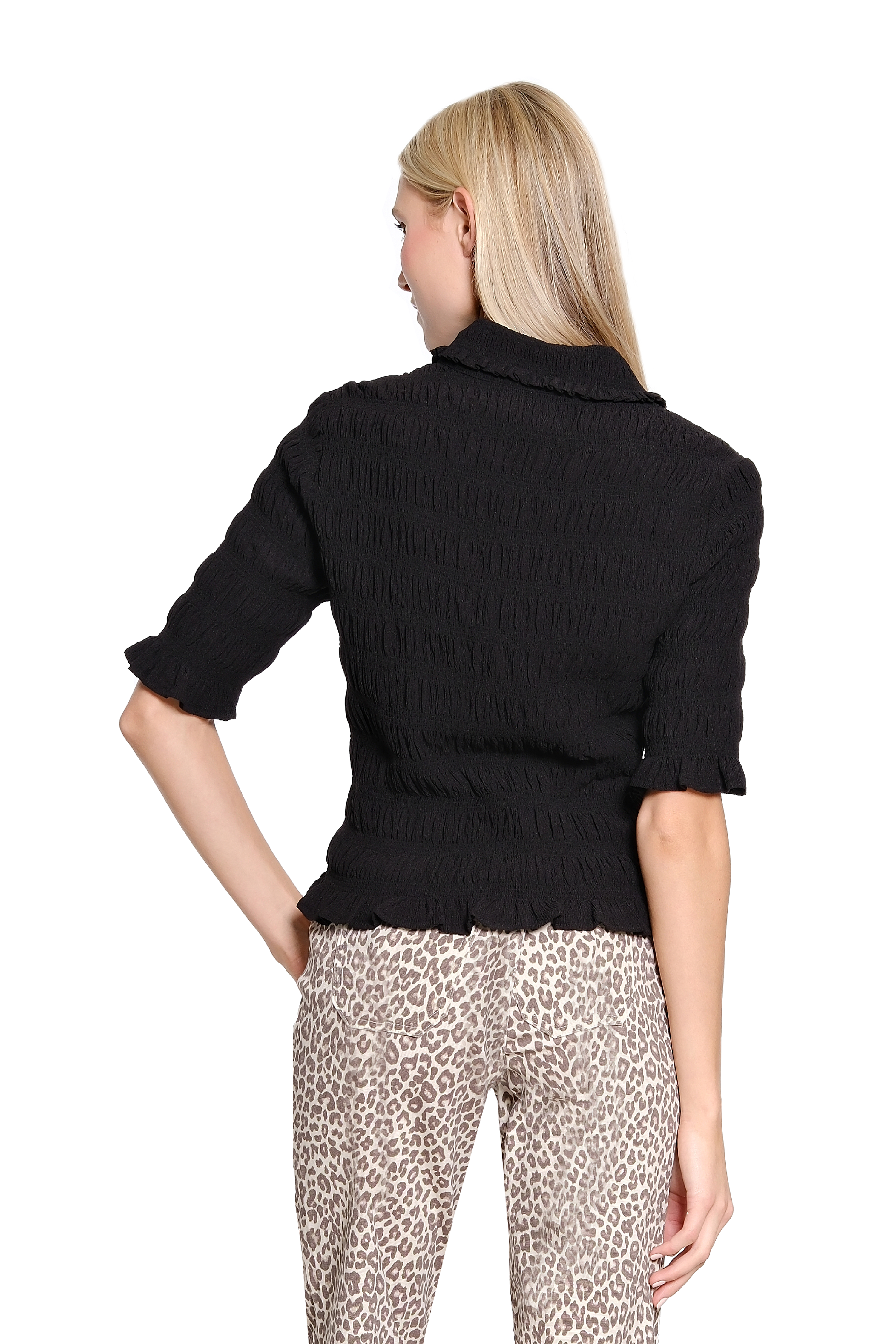 Elbow Sleeve Smocked Button Up Top - Black