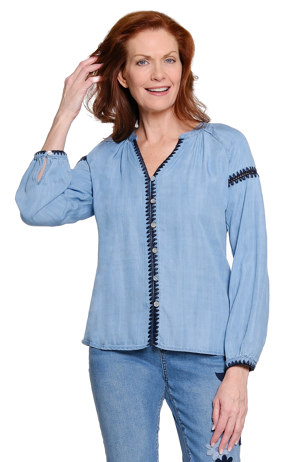 Light Blue Crochet Trim Button Up