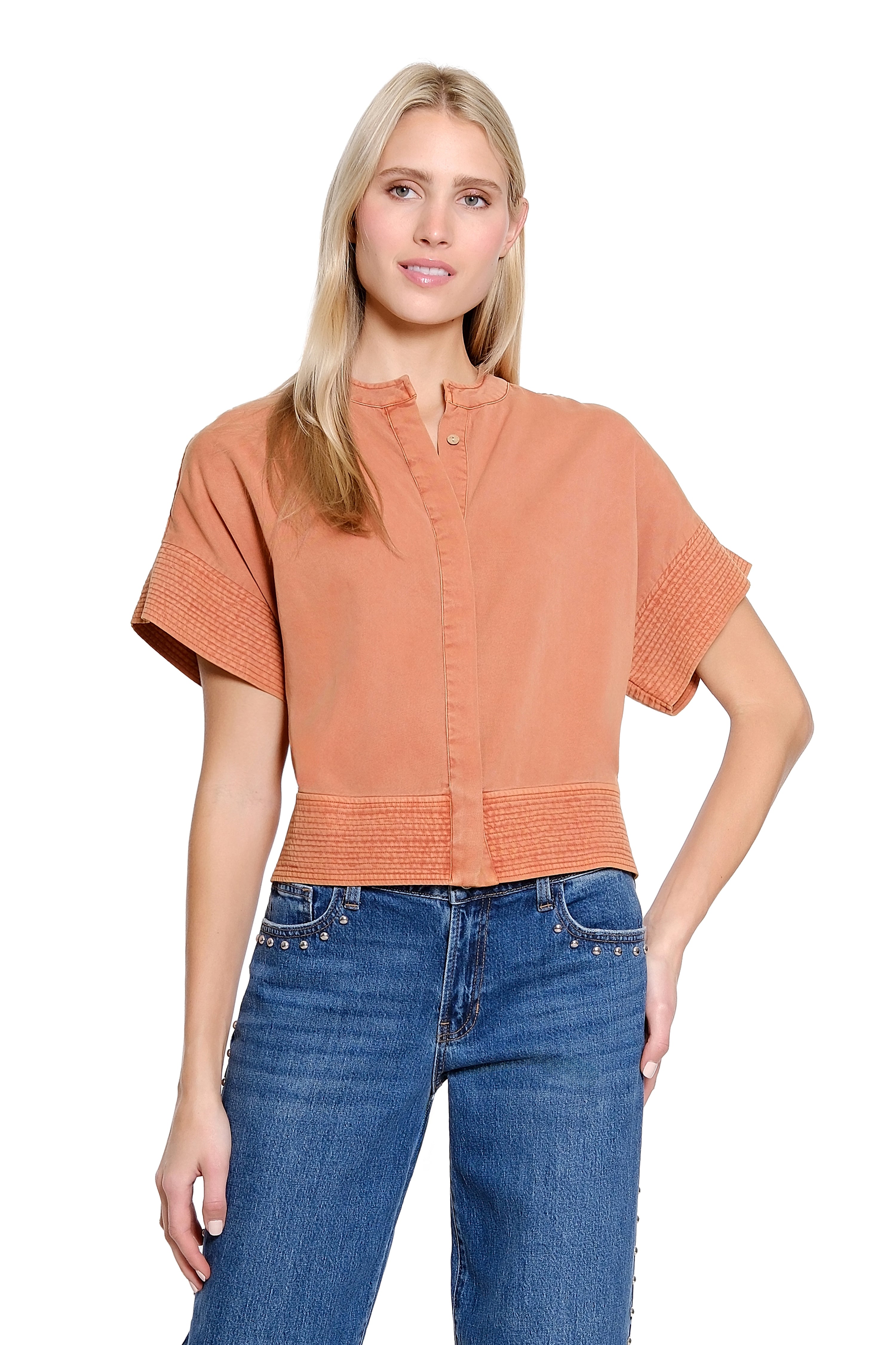 Button Front Trapunto Stitch Shirt - Rust