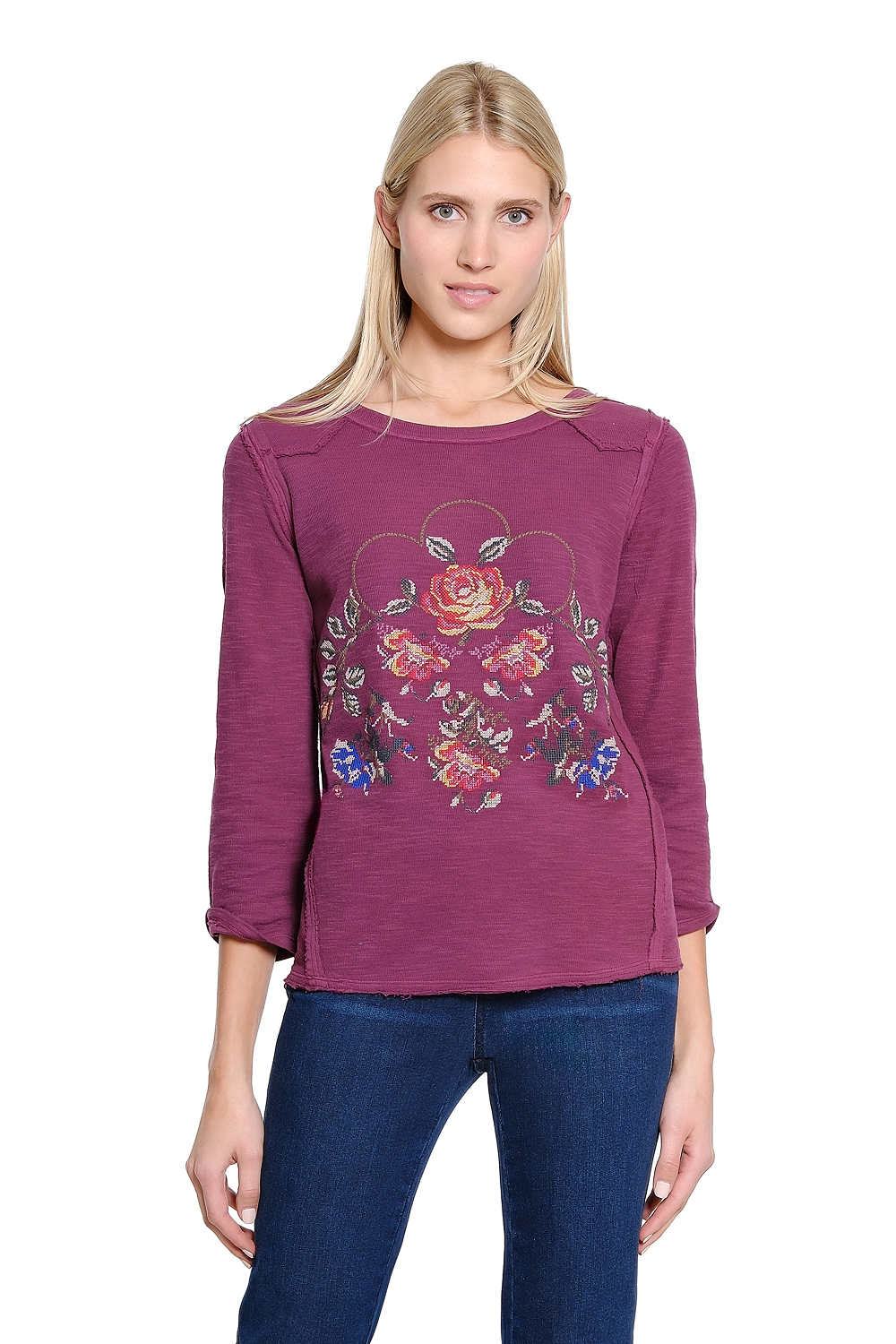 Dark Purple Embroidered Seamed Knit Top