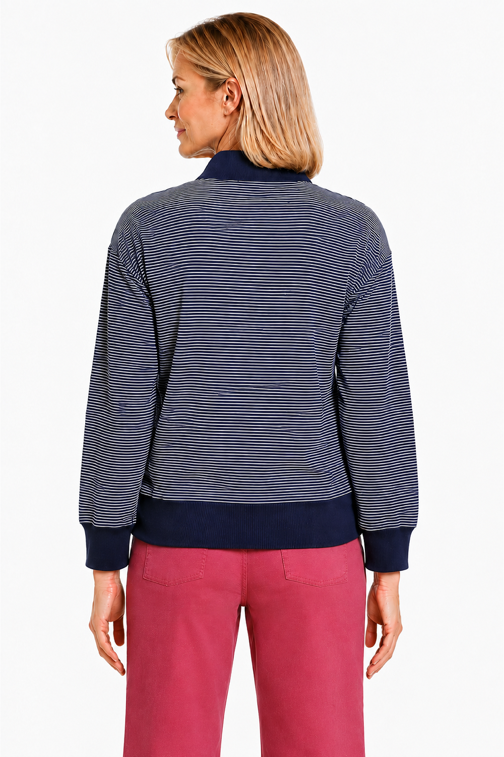 Navy Stripe Shawl Collar Zip Front Sweatshirt