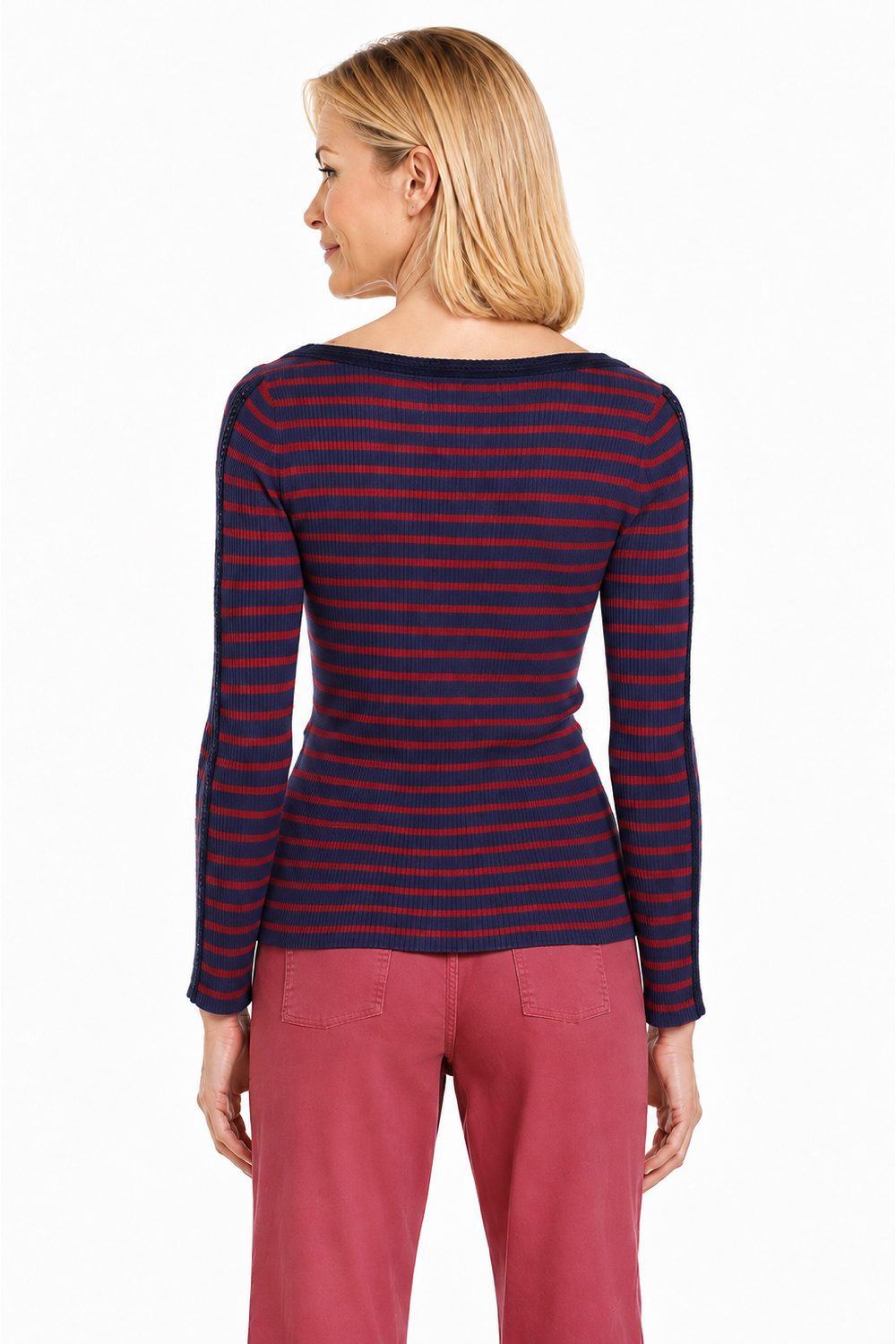 Navy Stripe Sweater with Crochet Trim