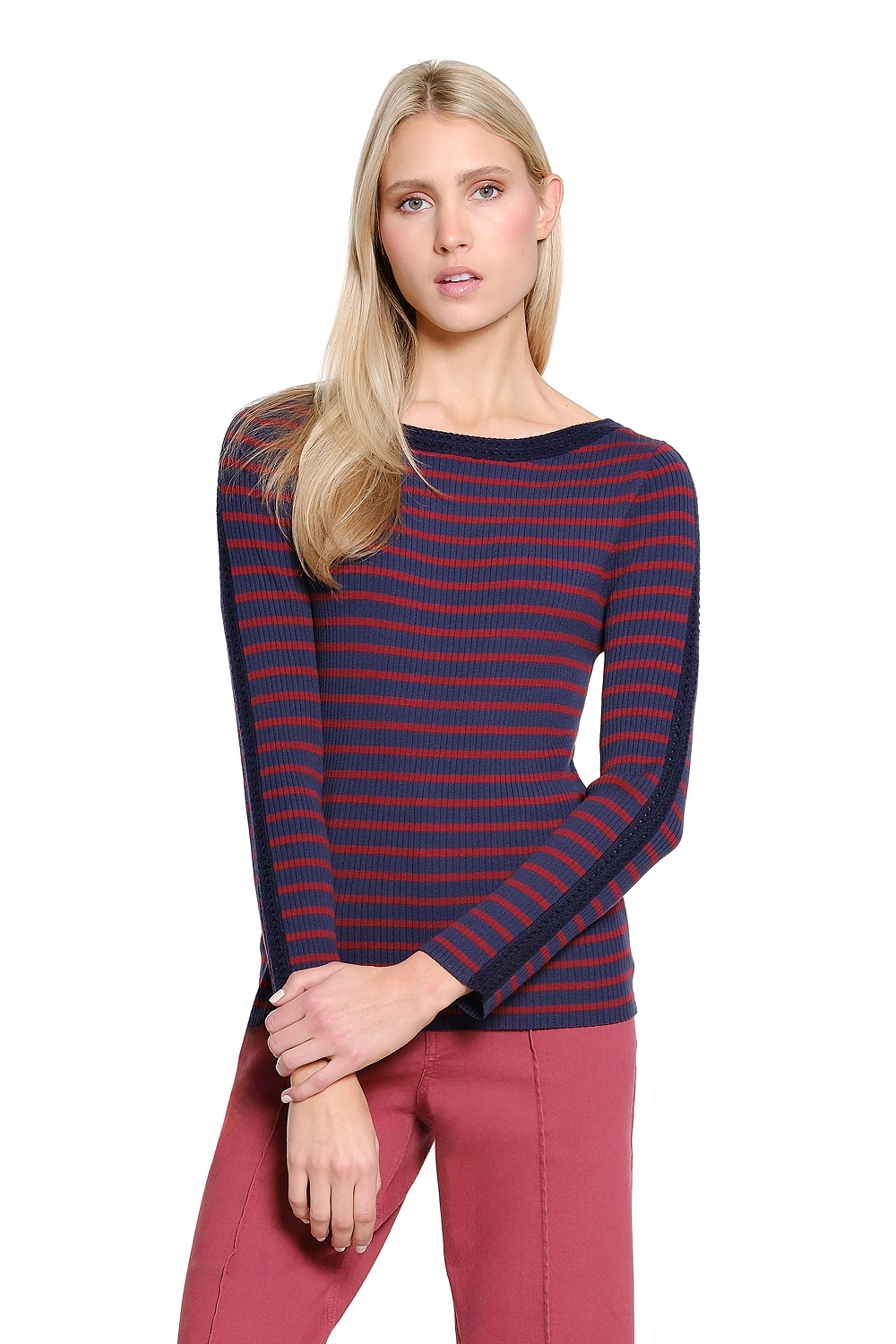 Navy Stripe Sweater with Crochet Trim
