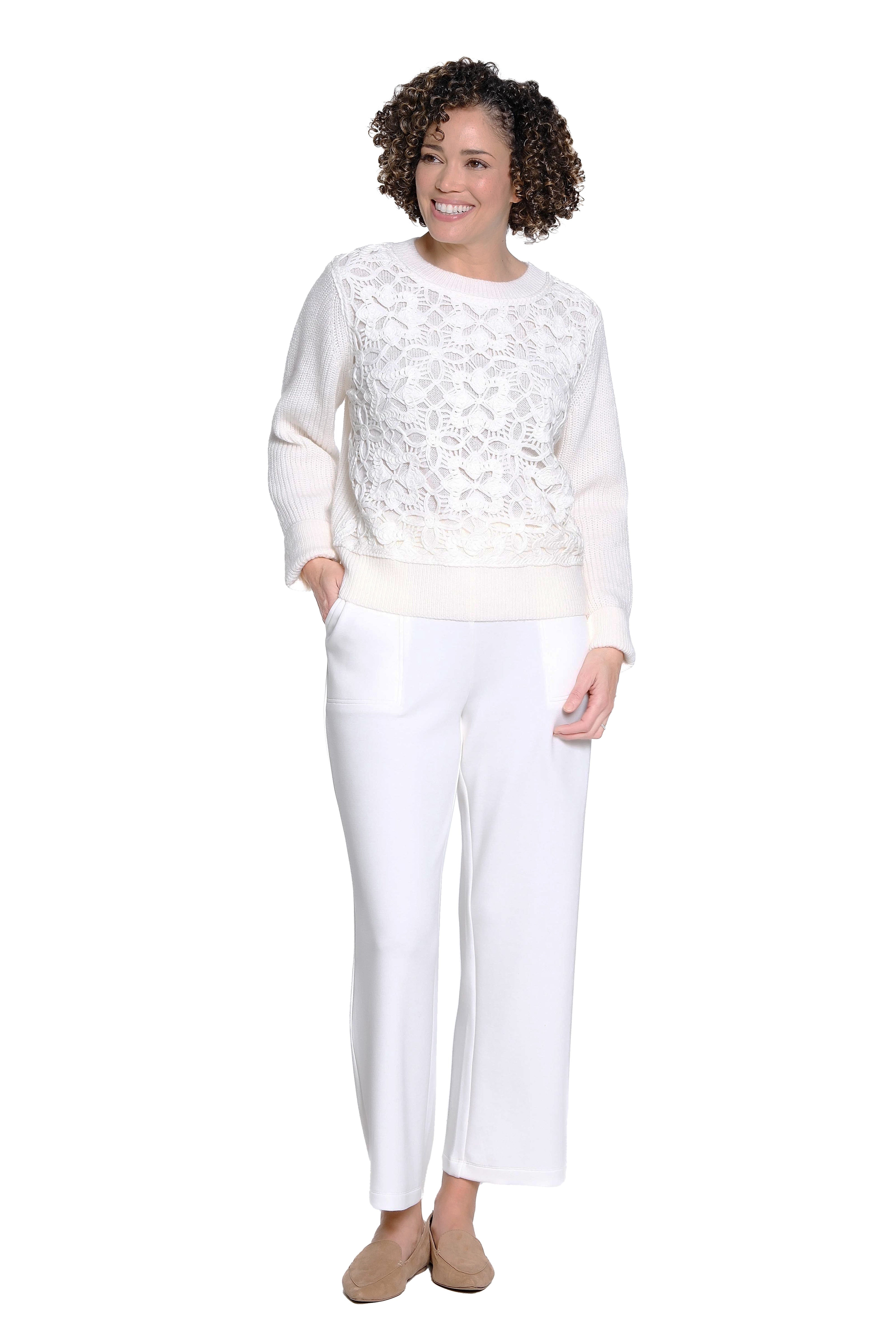 Pull-On Wide Leg Knit Pant- Off White