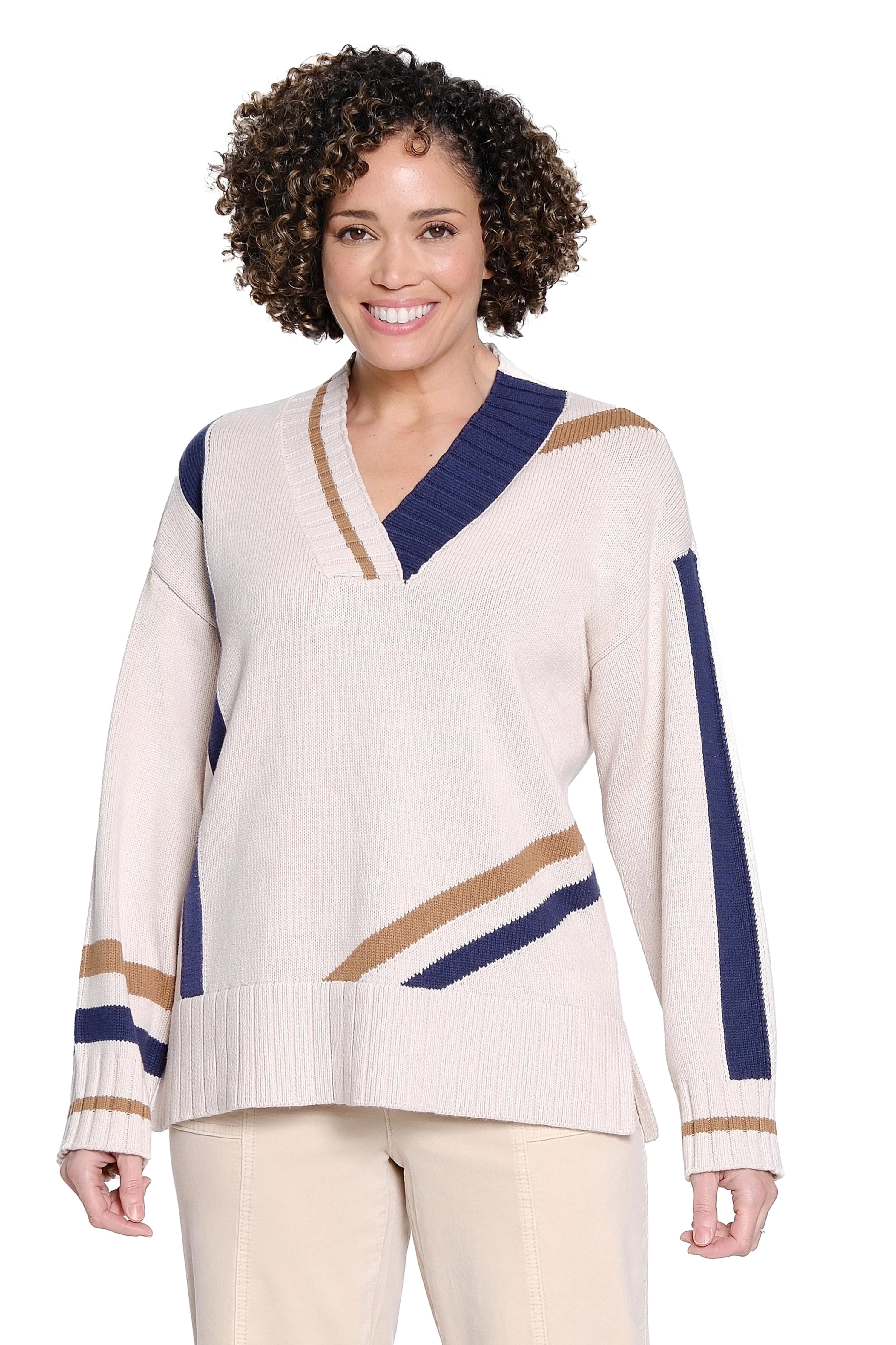 V-Neck Varsity Sweater - Natural