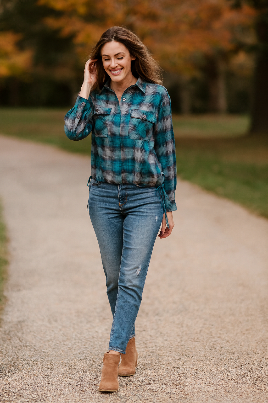 Plaid Button Up with Side Tie Detail - Multi