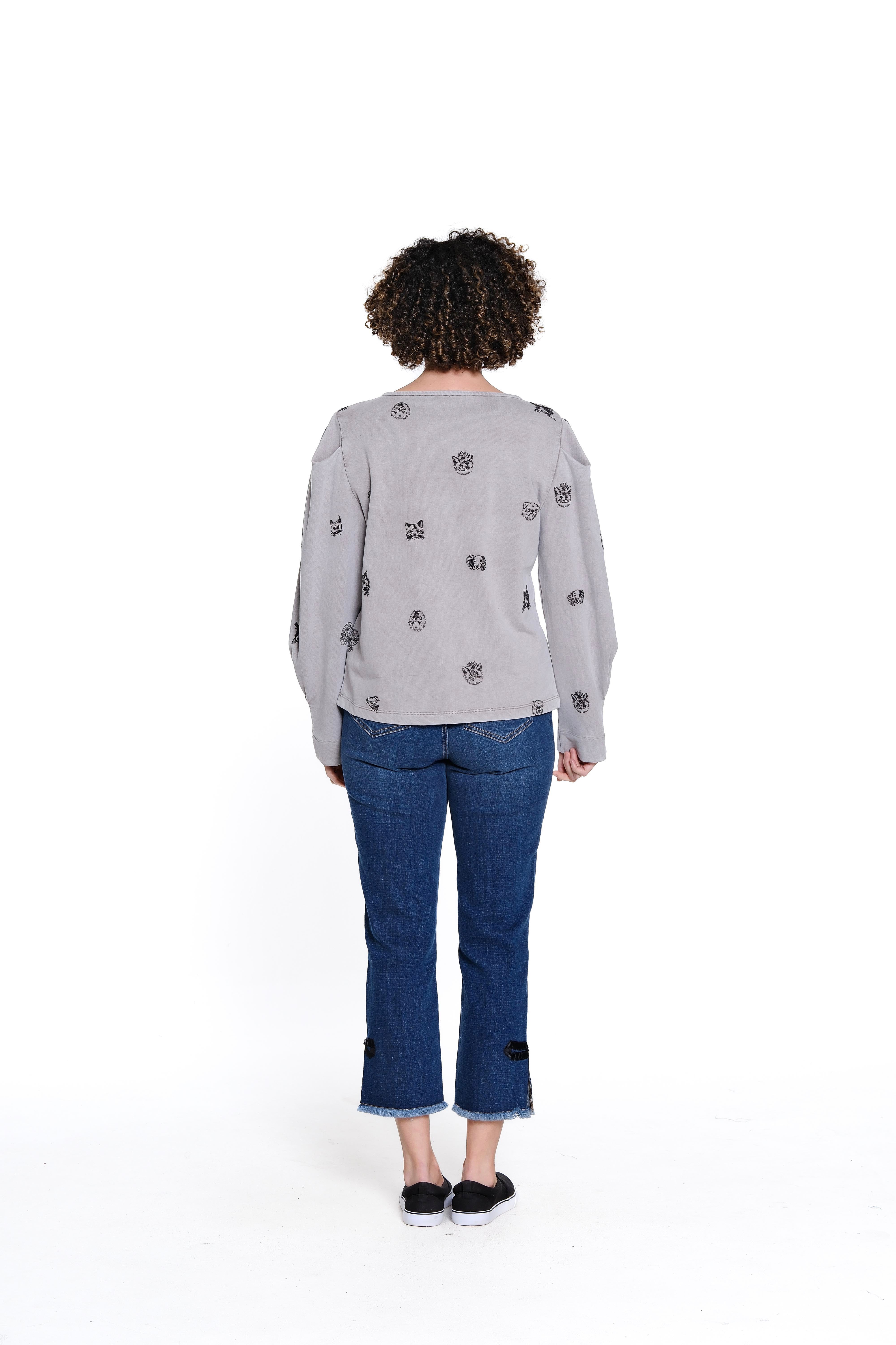 Embroidered Knit Top - Grey