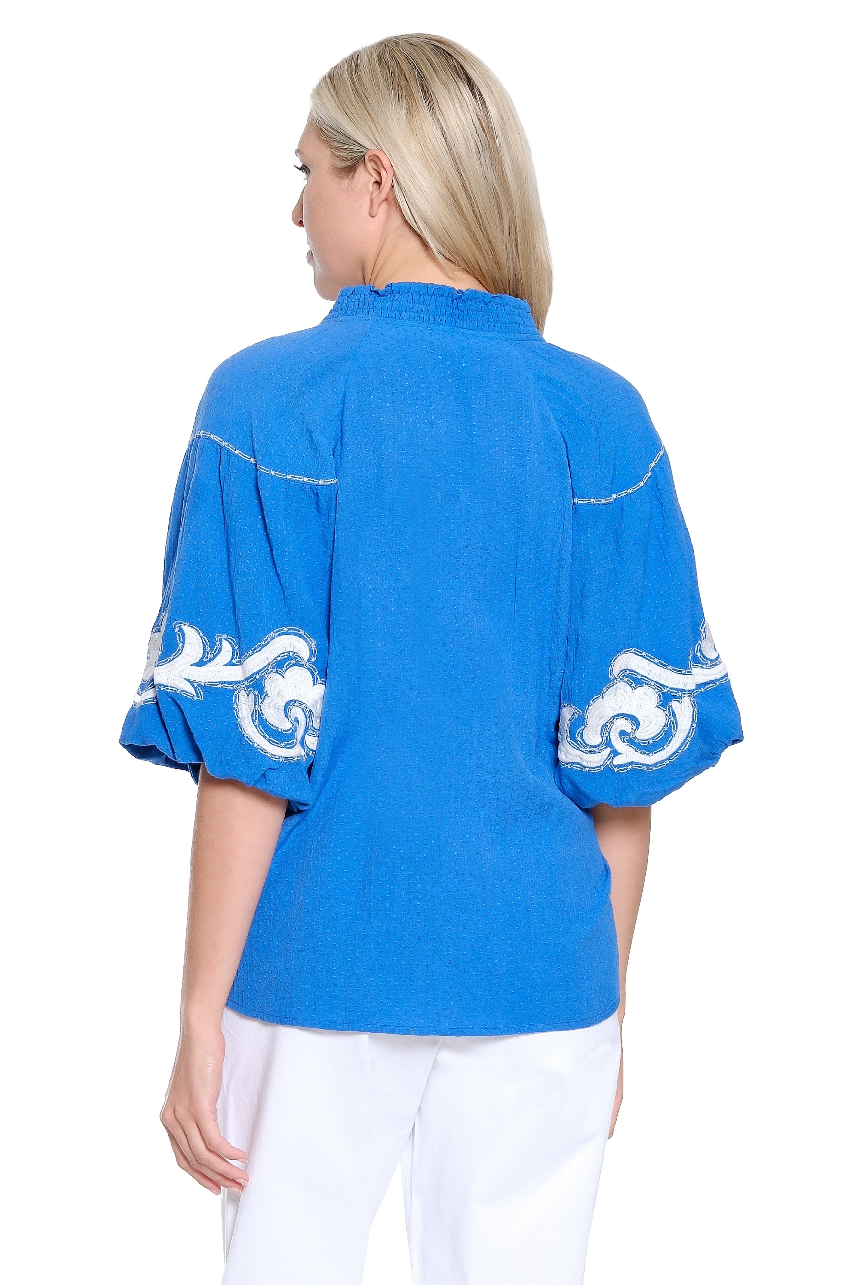Smocked Collar Top with Embroidery – Royal Blue