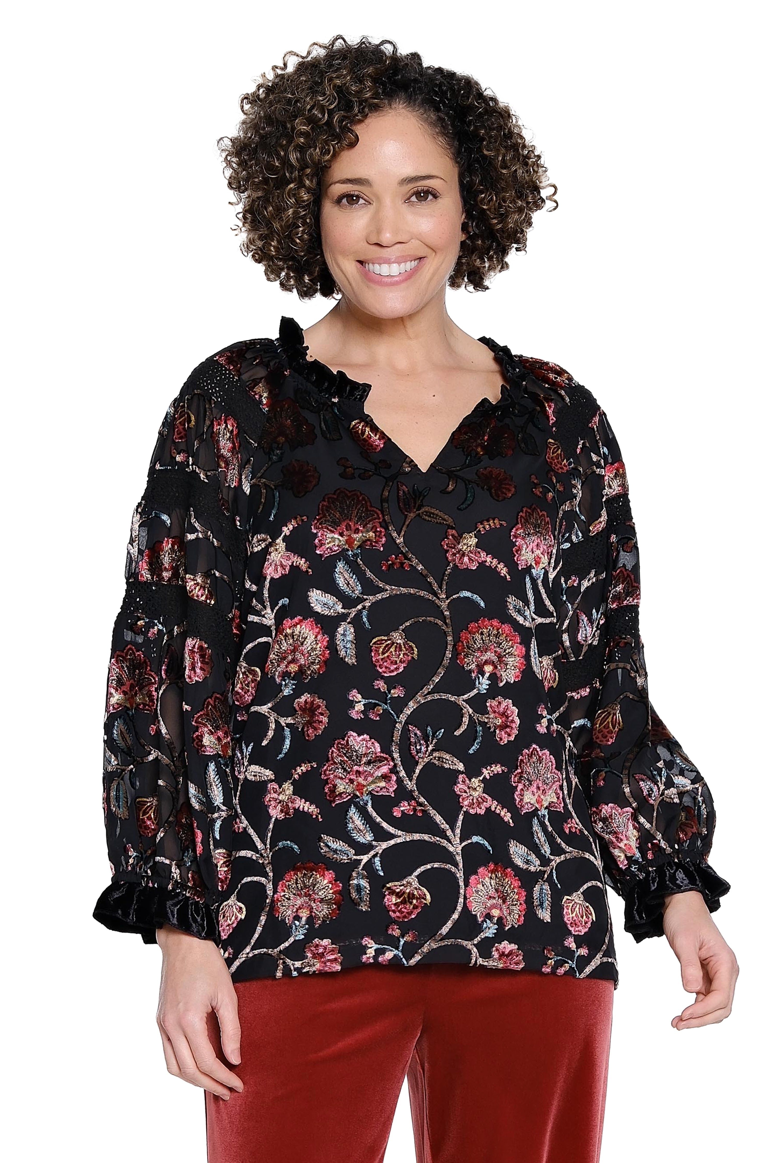 Burnout Velvet Floral Top - Black Multi