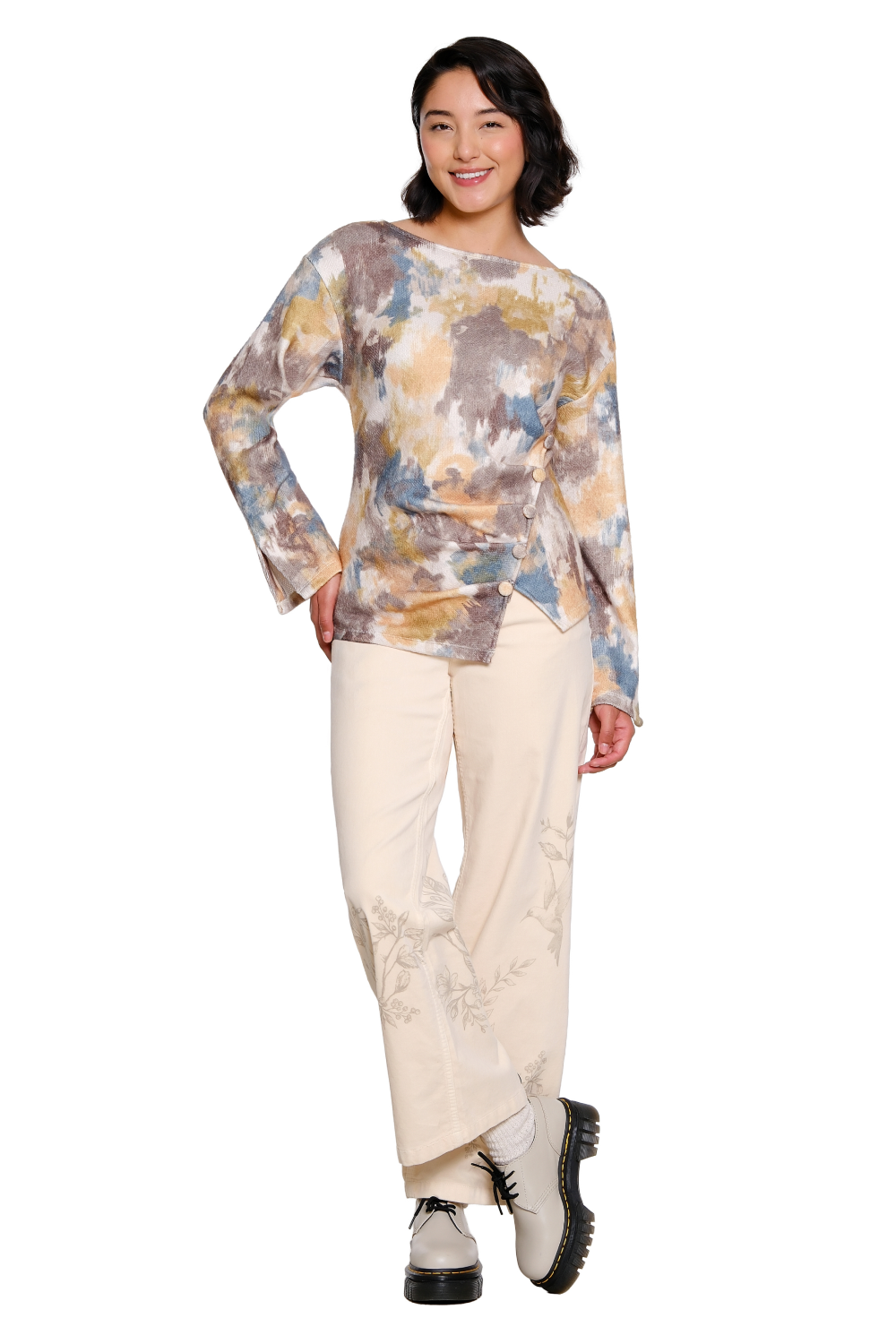 French Almond Placement Print Wide Leg Jean - Missy