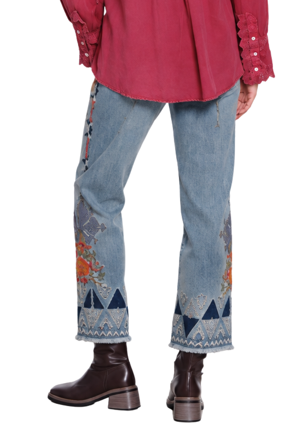 Medium Indigo Embroidered Straight Leg Ankle Jean - Missy