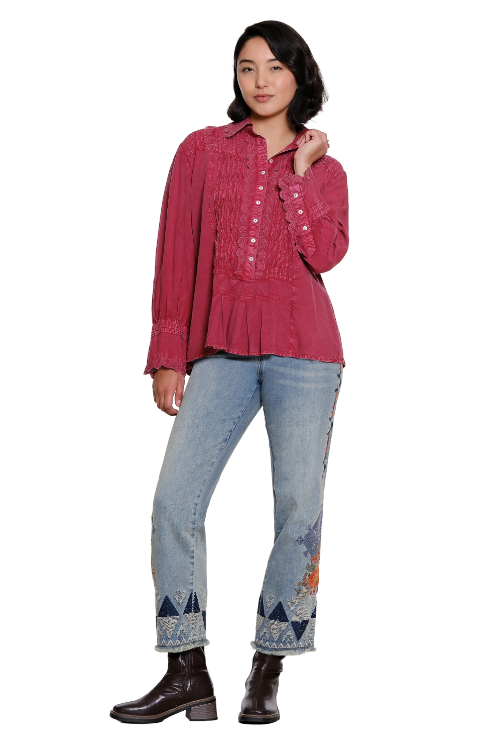 Medium Indigo Embroidered Straight Leg Ankle Jean - Missy