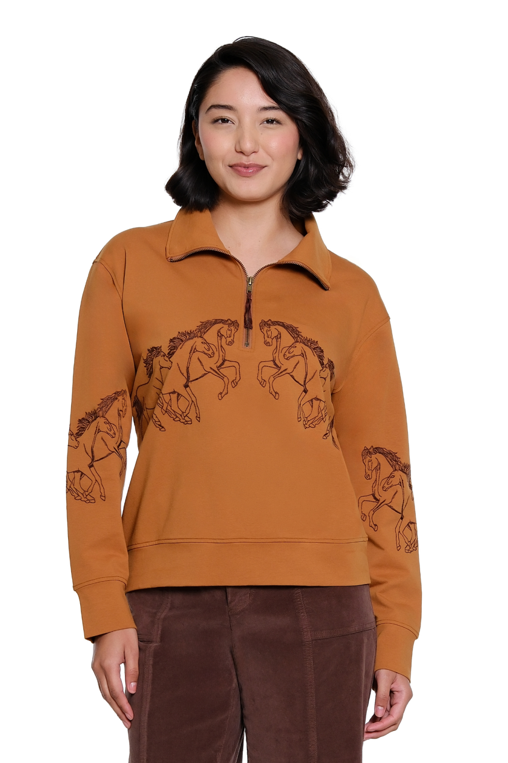 Medium Brown Horse Embroidered Half-Zip Popover - Missy