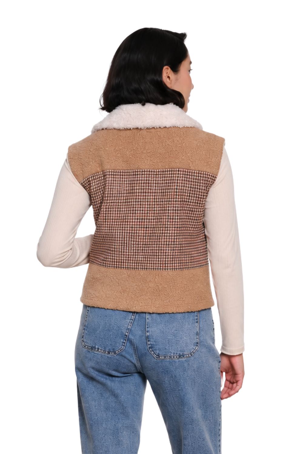 Tan Fur Collar Button-Up Vest - Missy