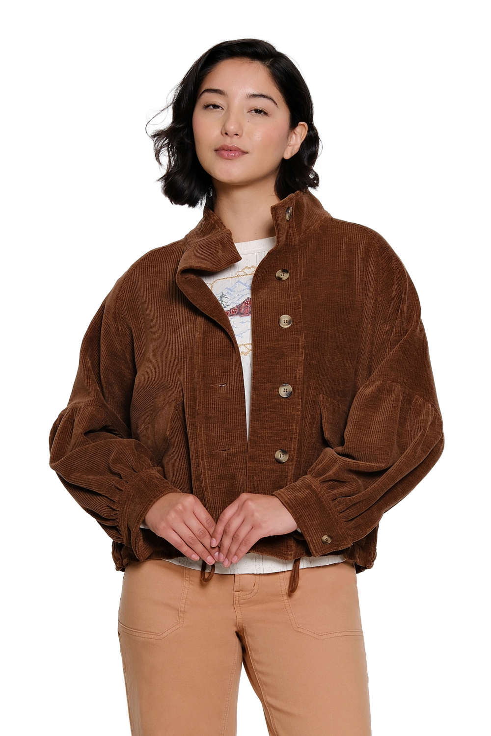 Chocolate Stand Collar Corduroy Jacket - Missy