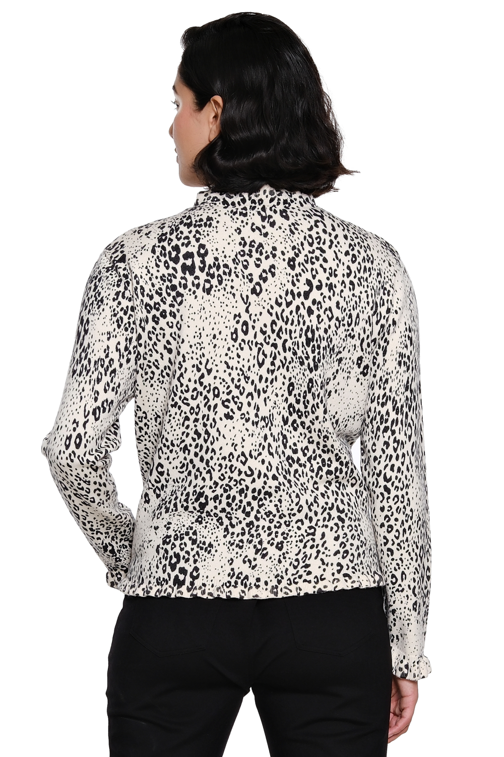 White/Black Print Ruffle Trim Sweater