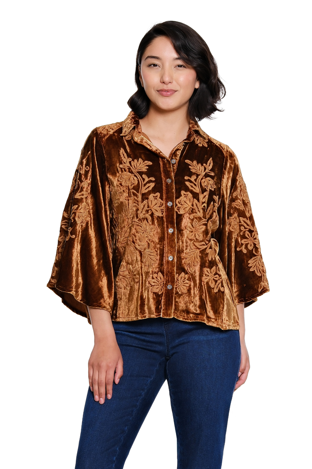 Dark Spice Embroidered Velvet Cape Sleeve Shirt - Missy