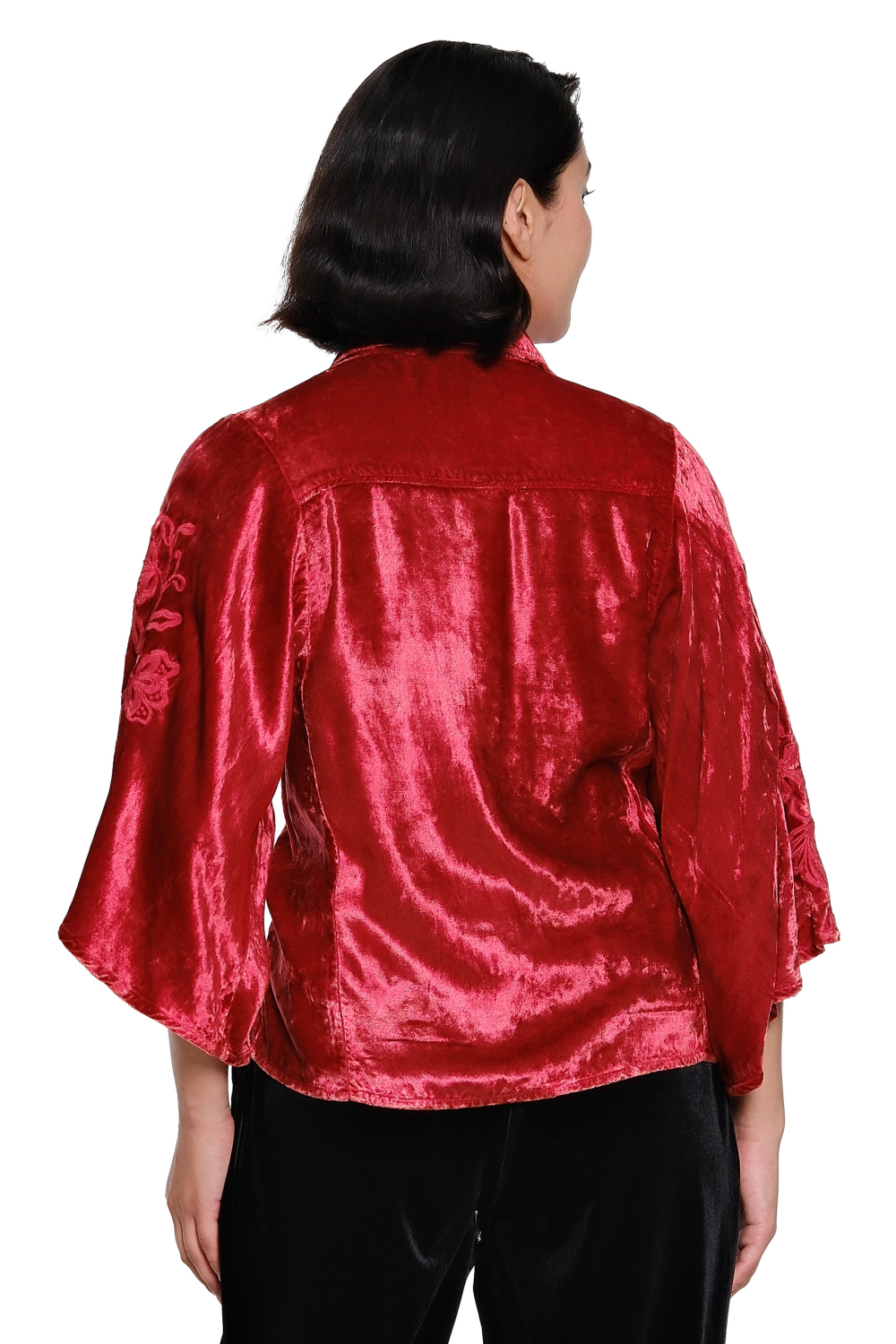 Dark Red Cape Sleeve Velvet Shirt with Embroidery