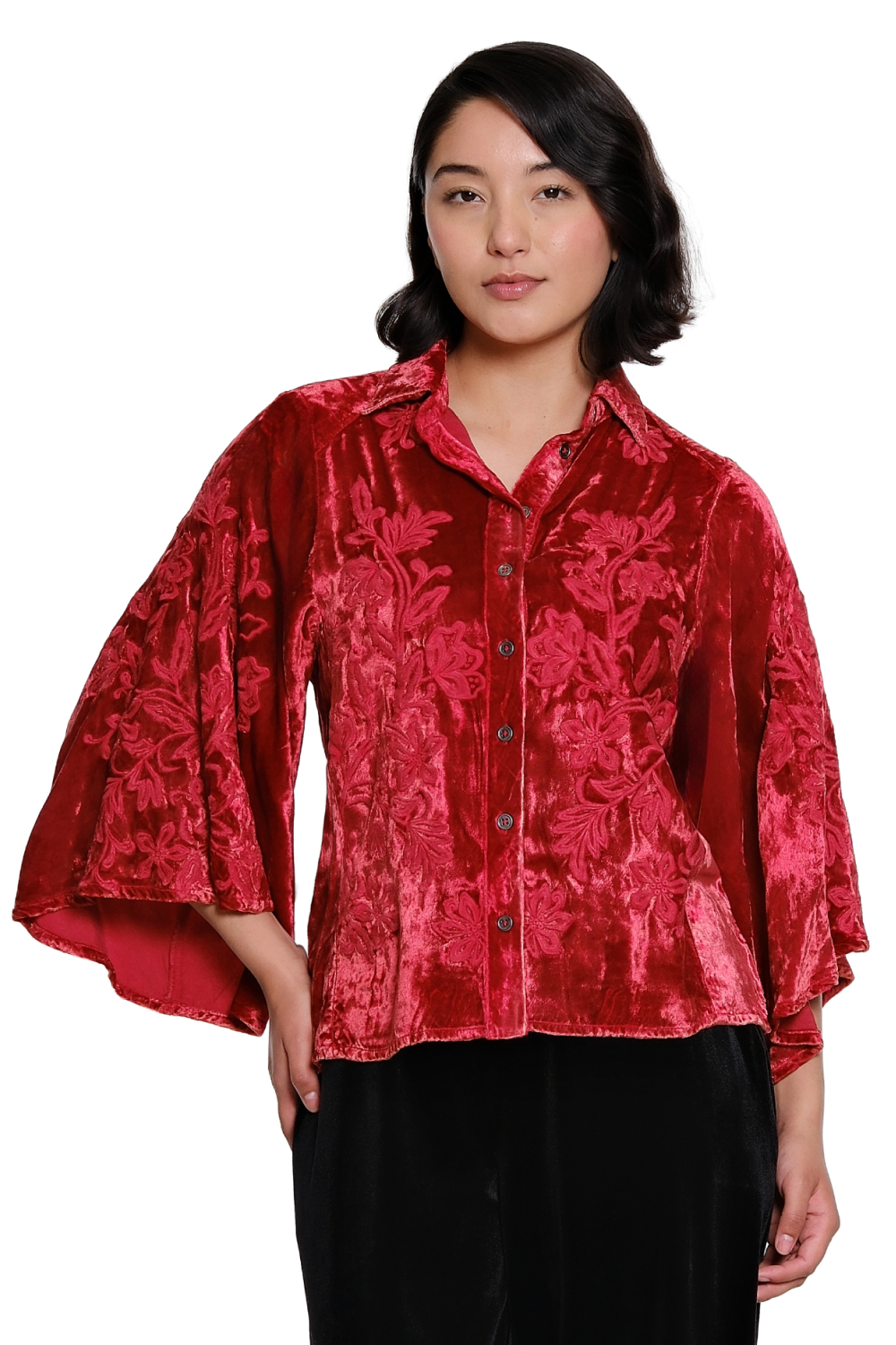 Dark Red Cape Sleeve Velvet Shirt with Embroidery