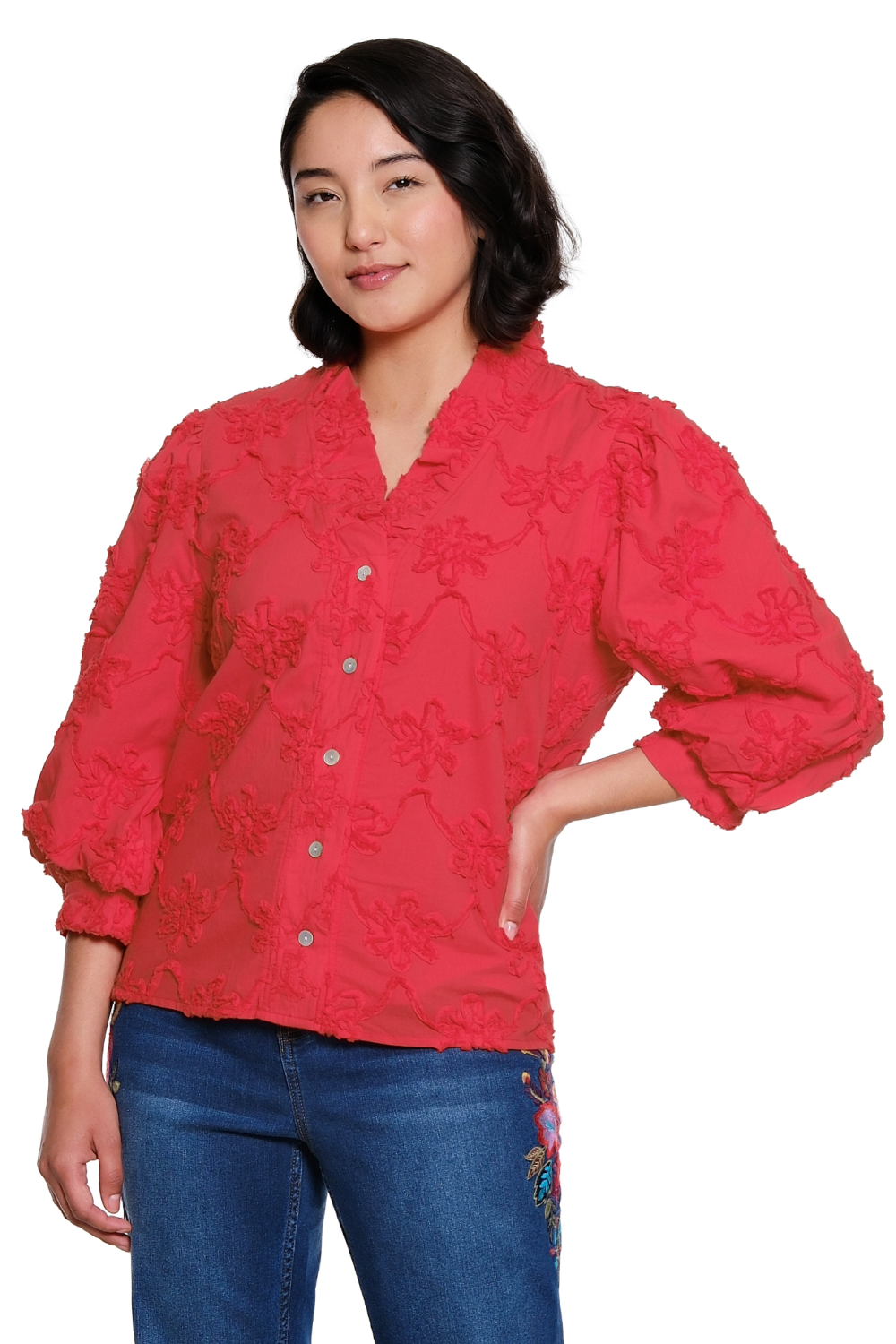 Red Soutache Ruffle Button Front Top