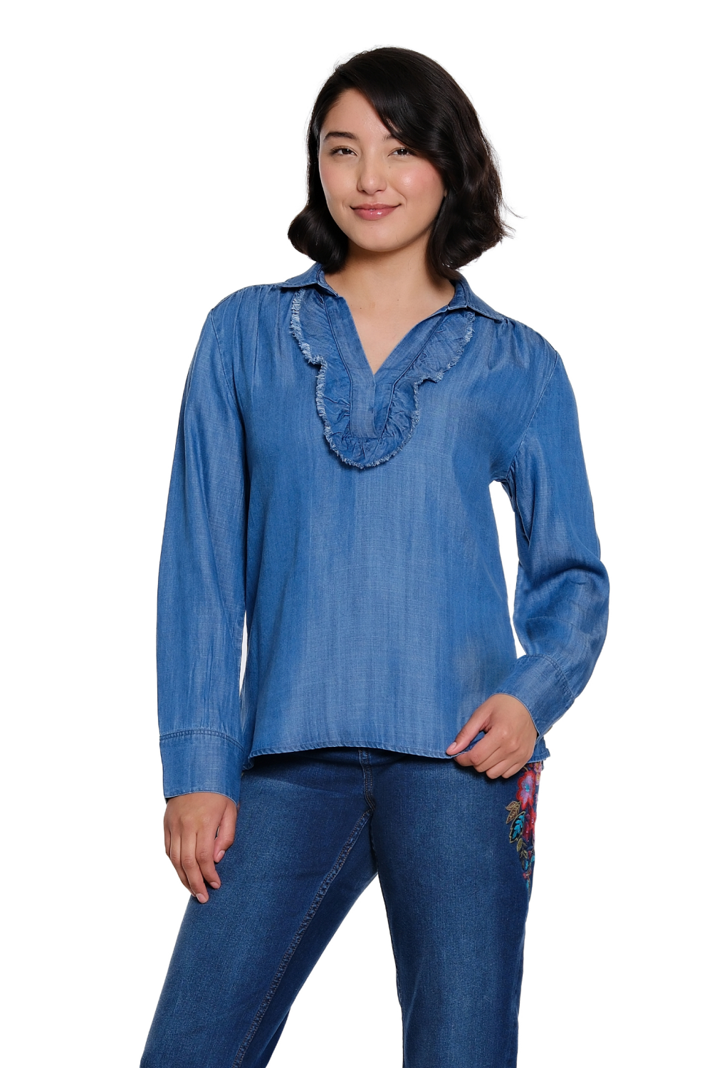 Blue Ruffle Trim Split Neck Popover - Missy