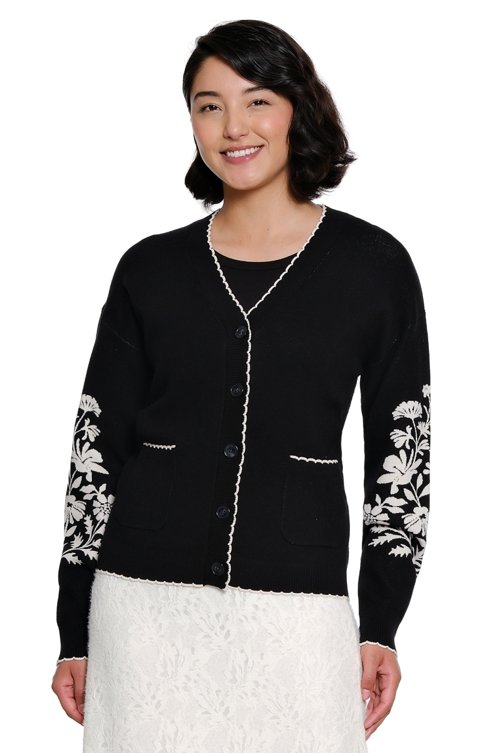 Black/White Jacquard Bouquet Cardigan