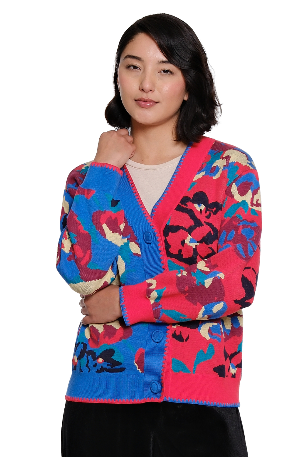 Multi Intarsia Button Front Sweater